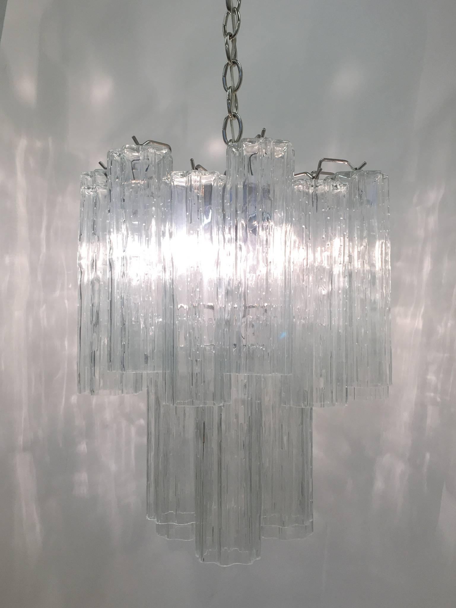 Pair of Italian Glass and Chrome Chandeliers by Venini 1