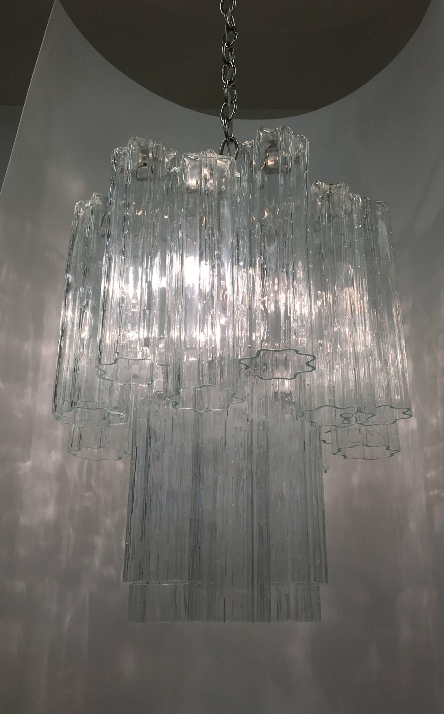 Mid-20th Century Pair of Italian Glass and Chrome Chandeliers by Venini
