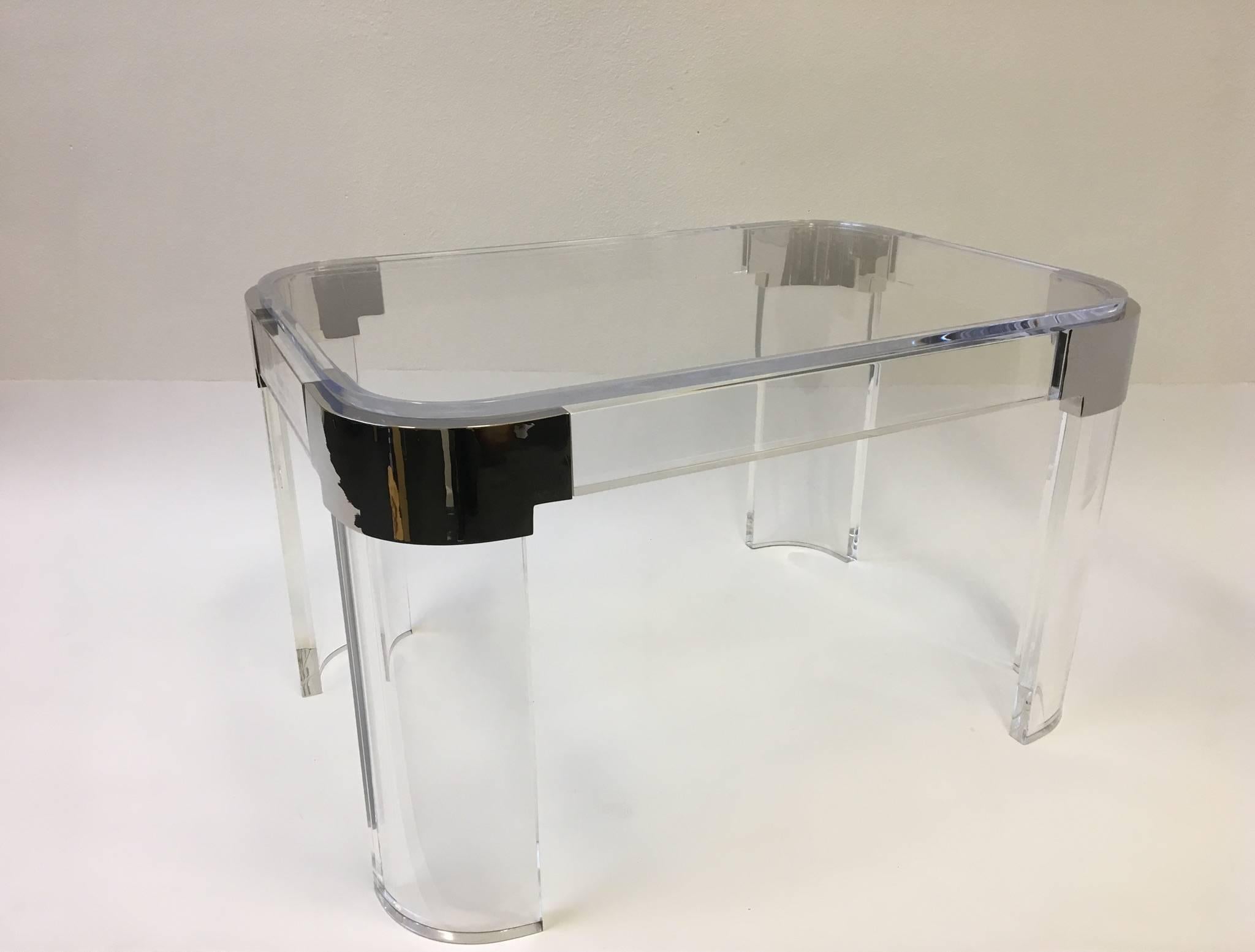 Polished Pair of Acrylic and Nickel Side Tables by Charles Hollis Jones