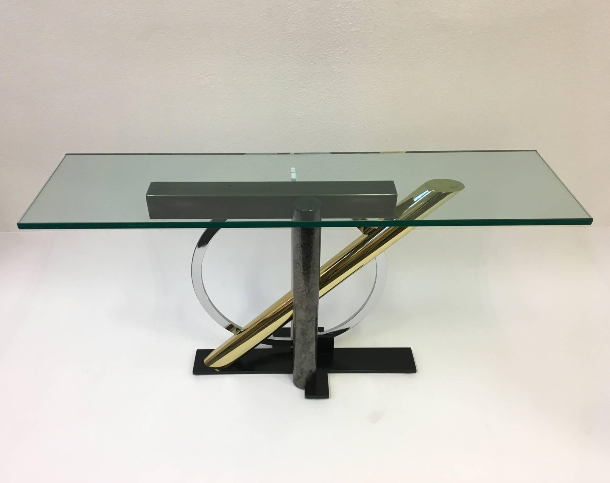Post-Modern Mixed Metals and Glass Console Table by Design Institute of America  For Sale