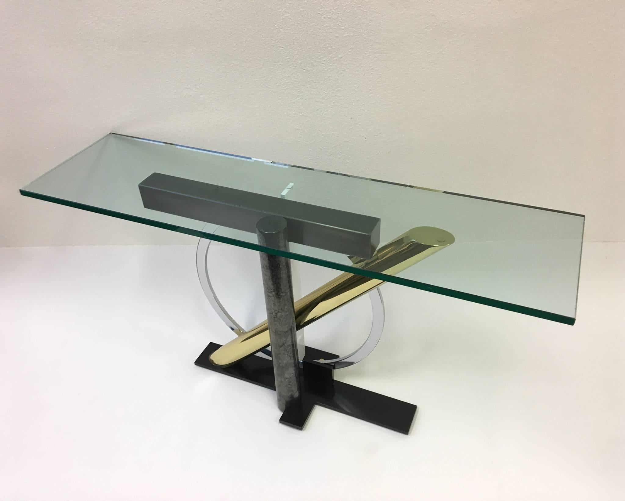 American Mixed Metals and Glass Console Table by Design Institute of America  For Sale