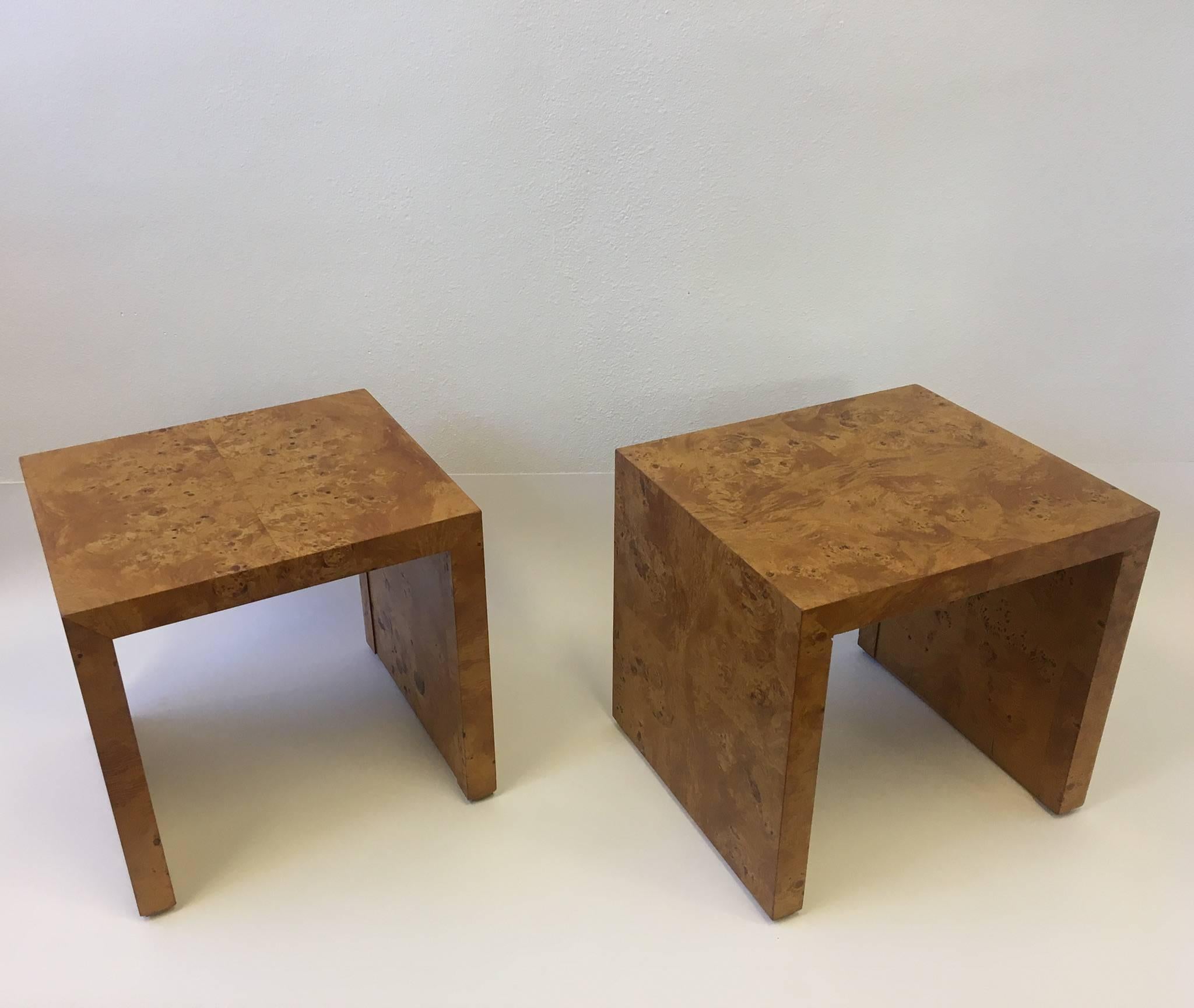 Pair of Burl Wood Side Tables or Nightstands by Milo Baughman 1