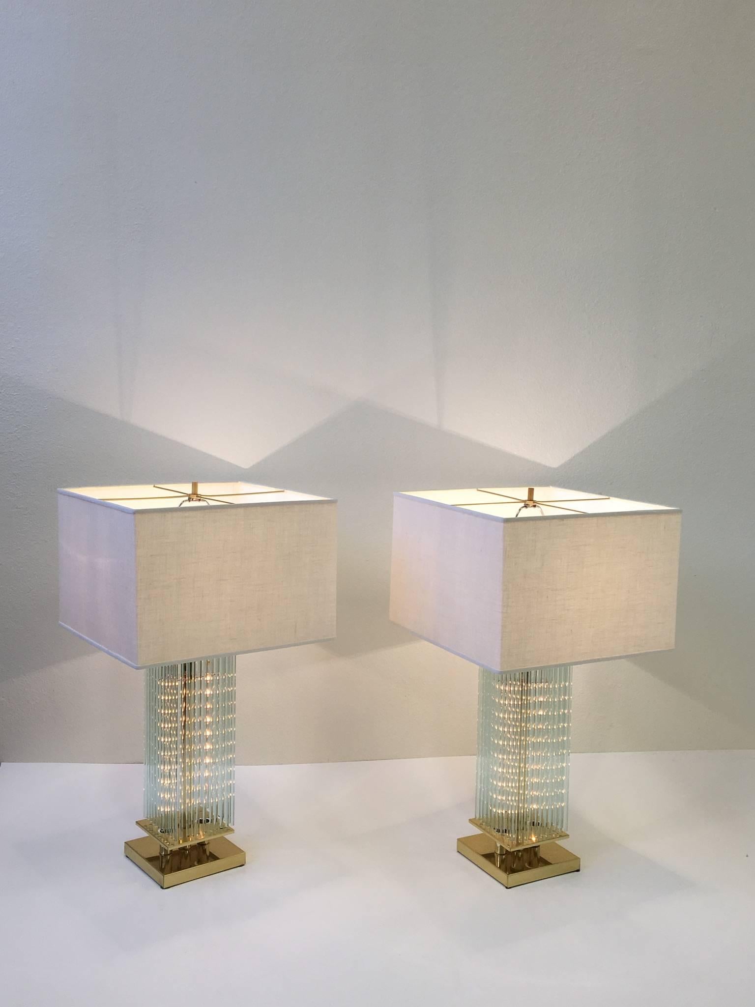 Modern Pair of Brass and Glass Table Lamps by Lightolier