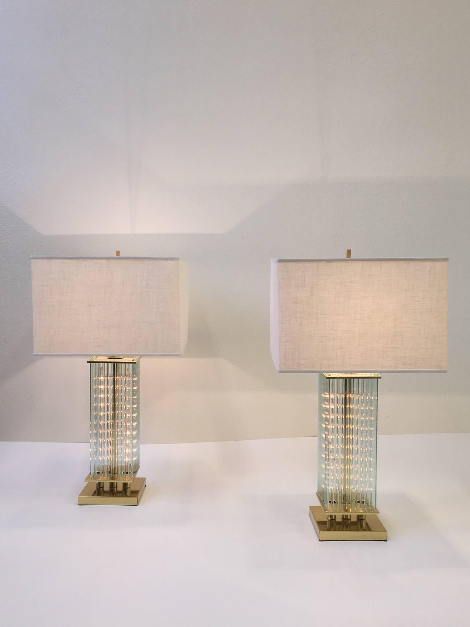 Pair of Brass and Glass Table Lamps by Lightolier 4