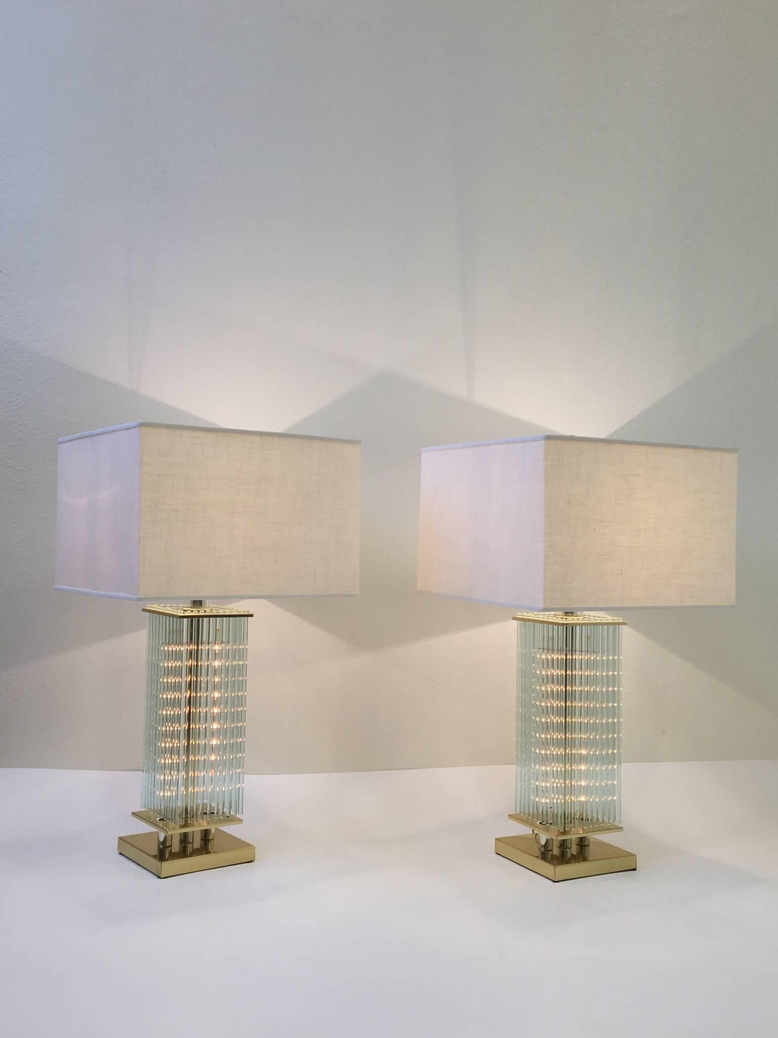 Pair of Brass and Glass Table Lamps by Lightolier 3