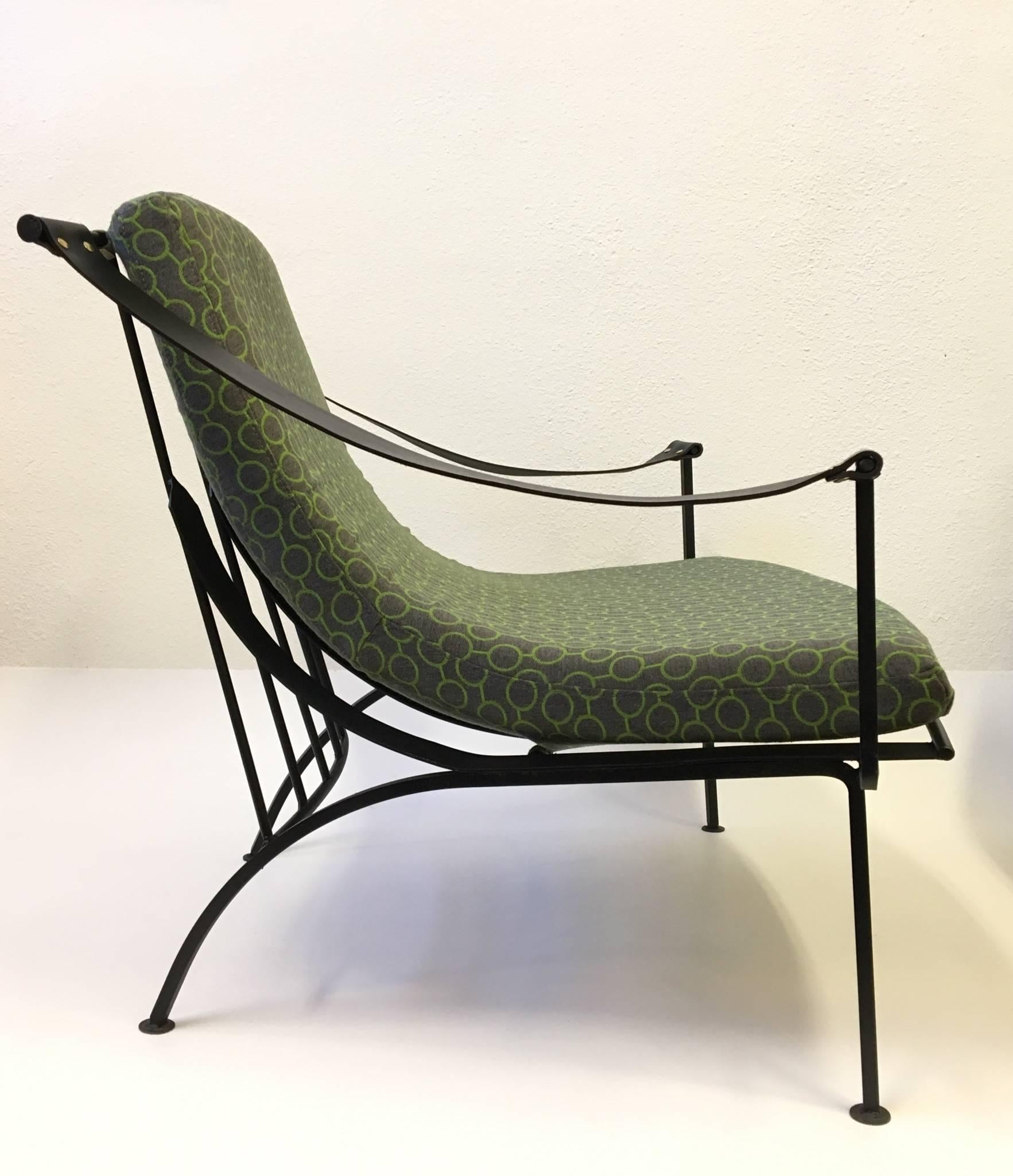 American Pair of Wrought Iron and Fabric Lounge Chairs by Russell Woodard
