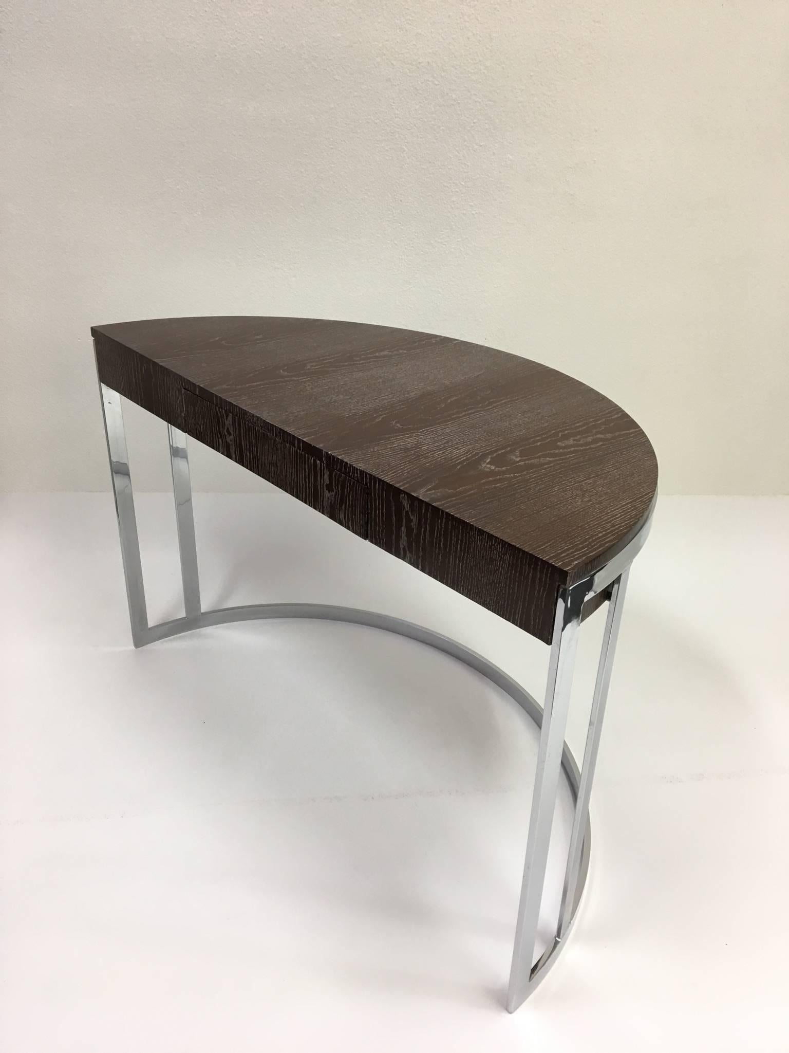 American Cerused Oak and Chrome Demilune Desk by Milo Baughman