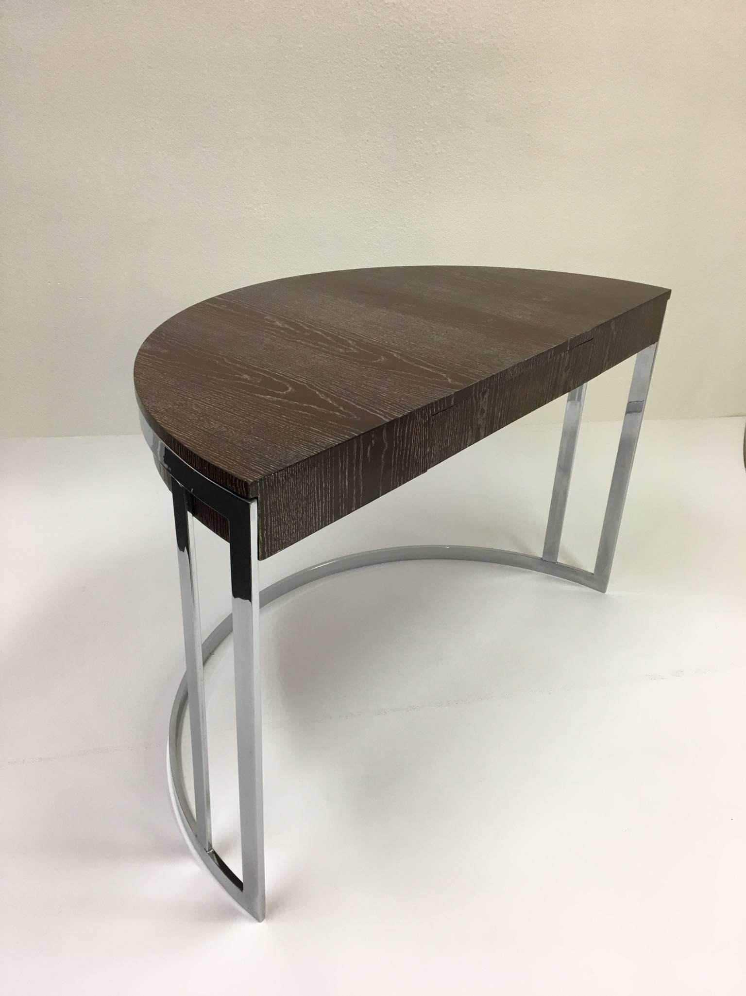 Late 20th Century Cerused Oak and Chrome Demilune Desk by Milo Baughman