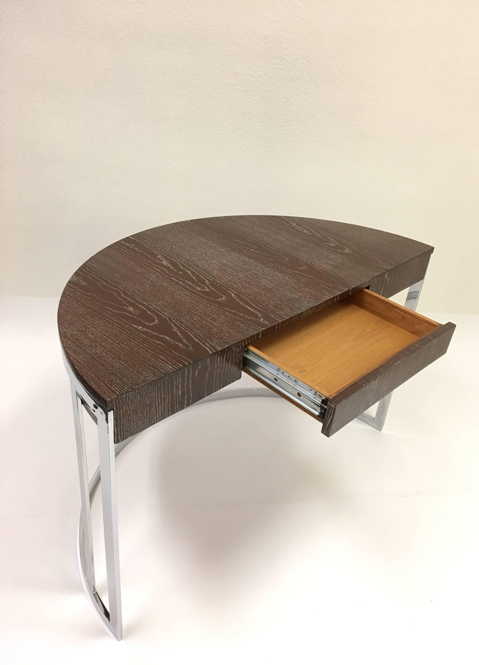 Cerused Oak and Chrome Demilune Desk by Milo Baughman 2