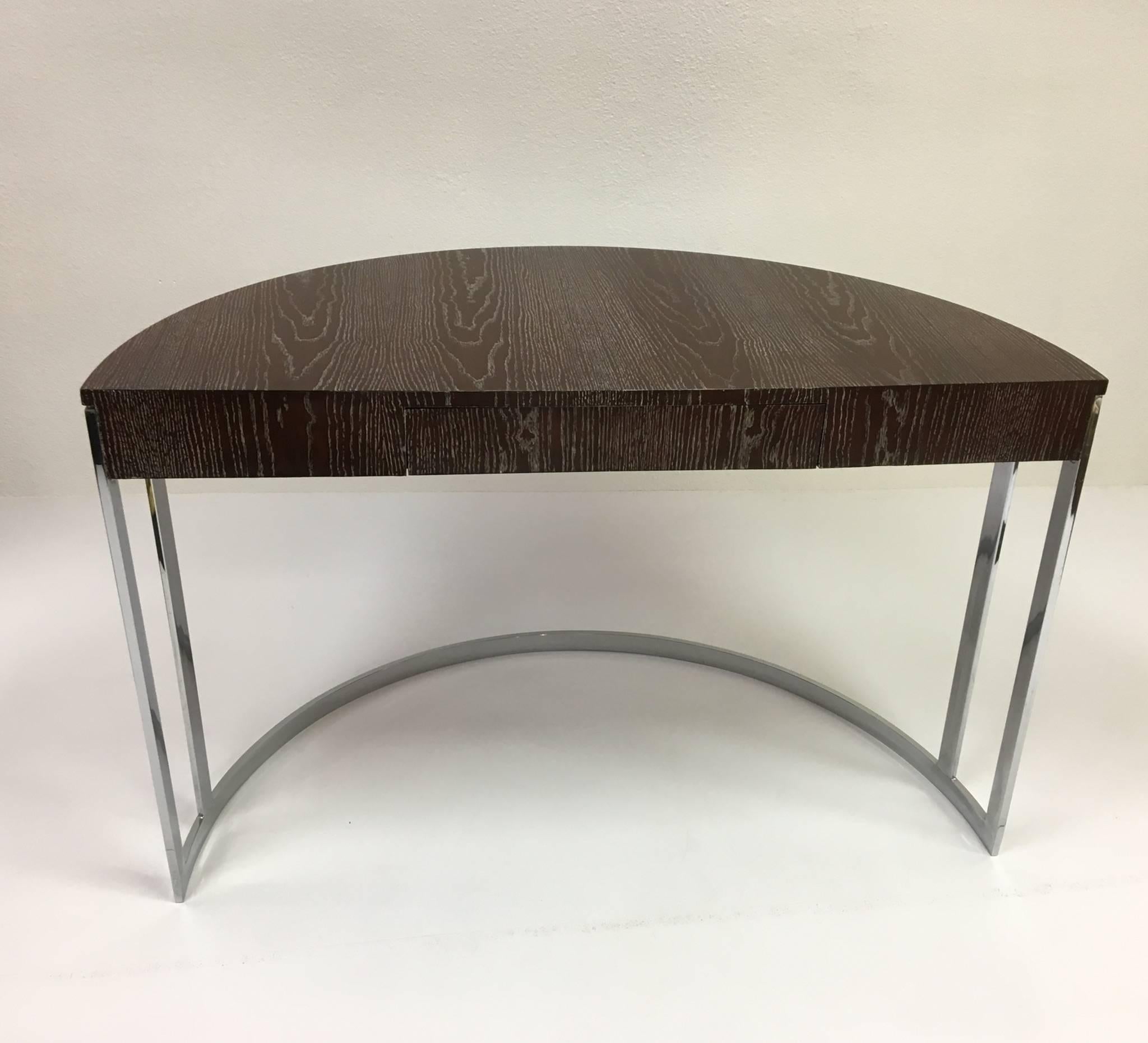 Polished Cerused Oak and Chrome Demilune Desk by Milo Baughman