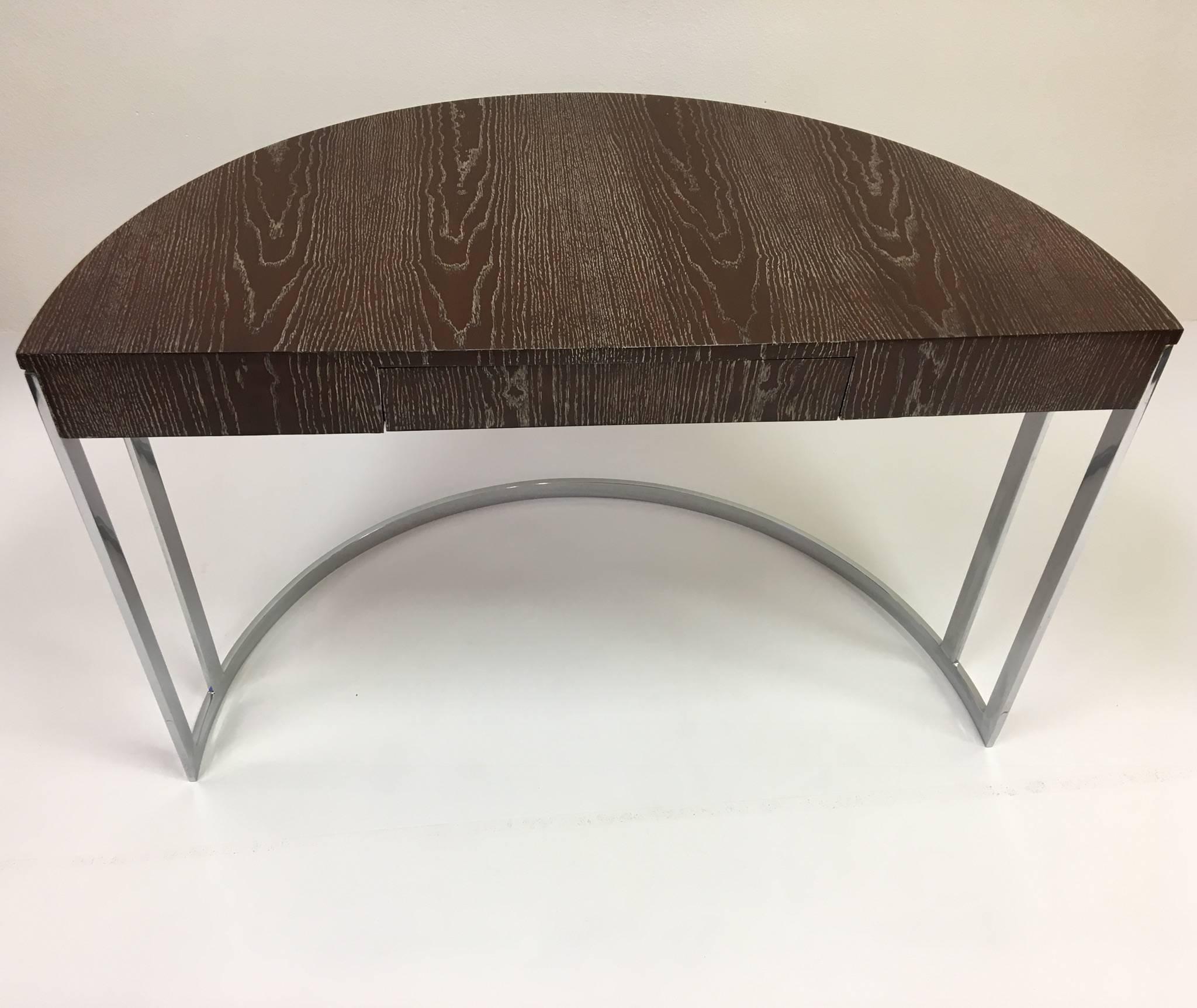 Cerused Oak and Chrome Demilune Desk by Milo Baughman In Excellent Condition In Palm Springs, CA