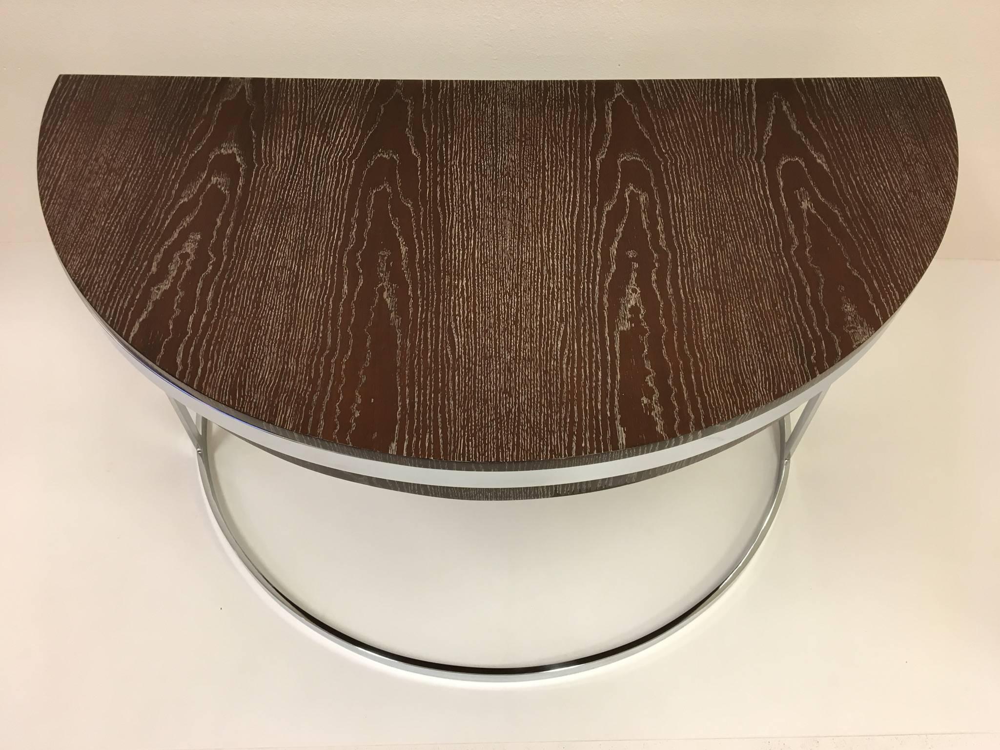Modern Cerused Oak and Chrome Demilune Desk by Milo Baughman