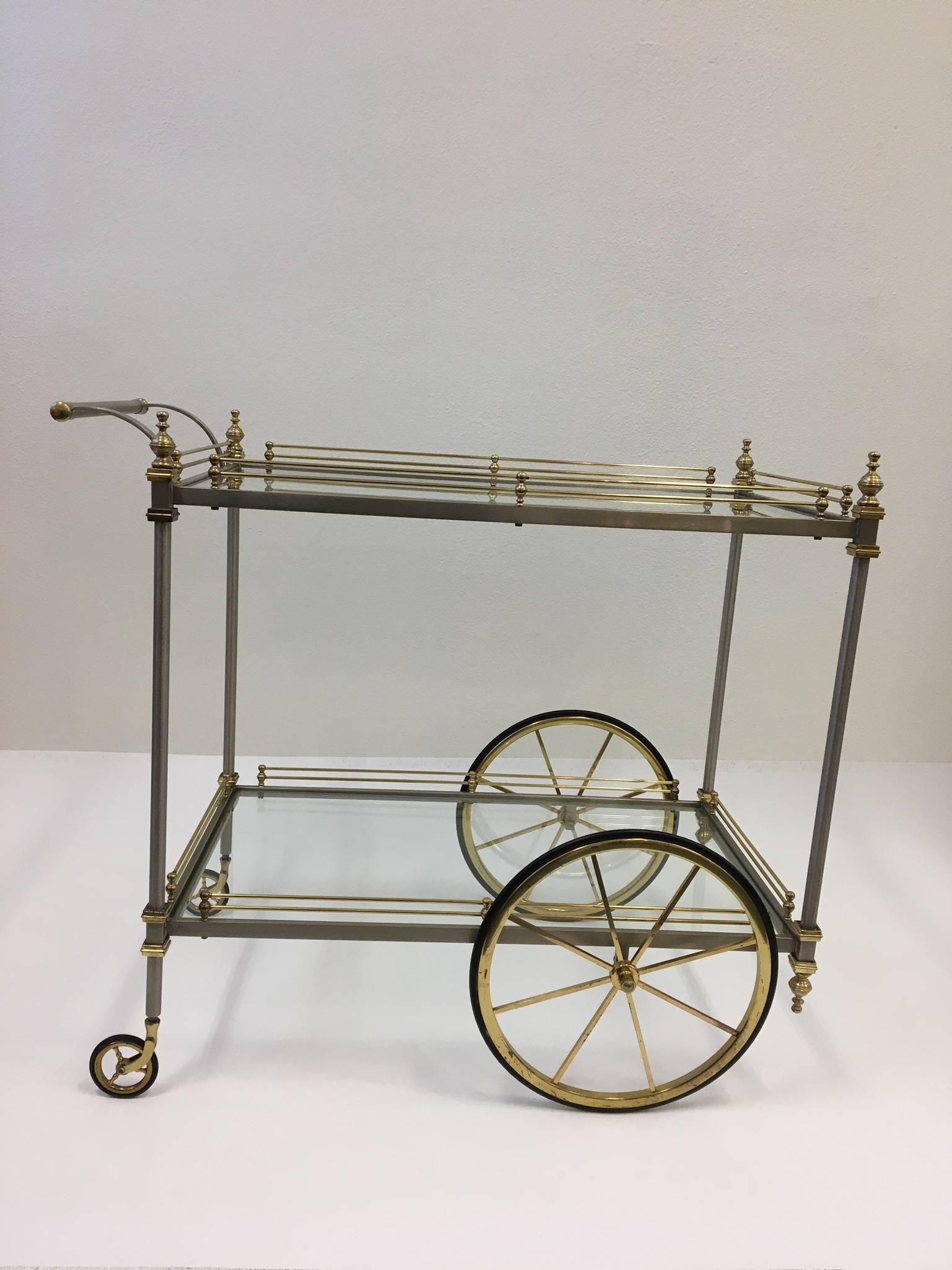Hollywood Regency Italian Stainless Steel and Brass Bar Cart by Maison Jansen