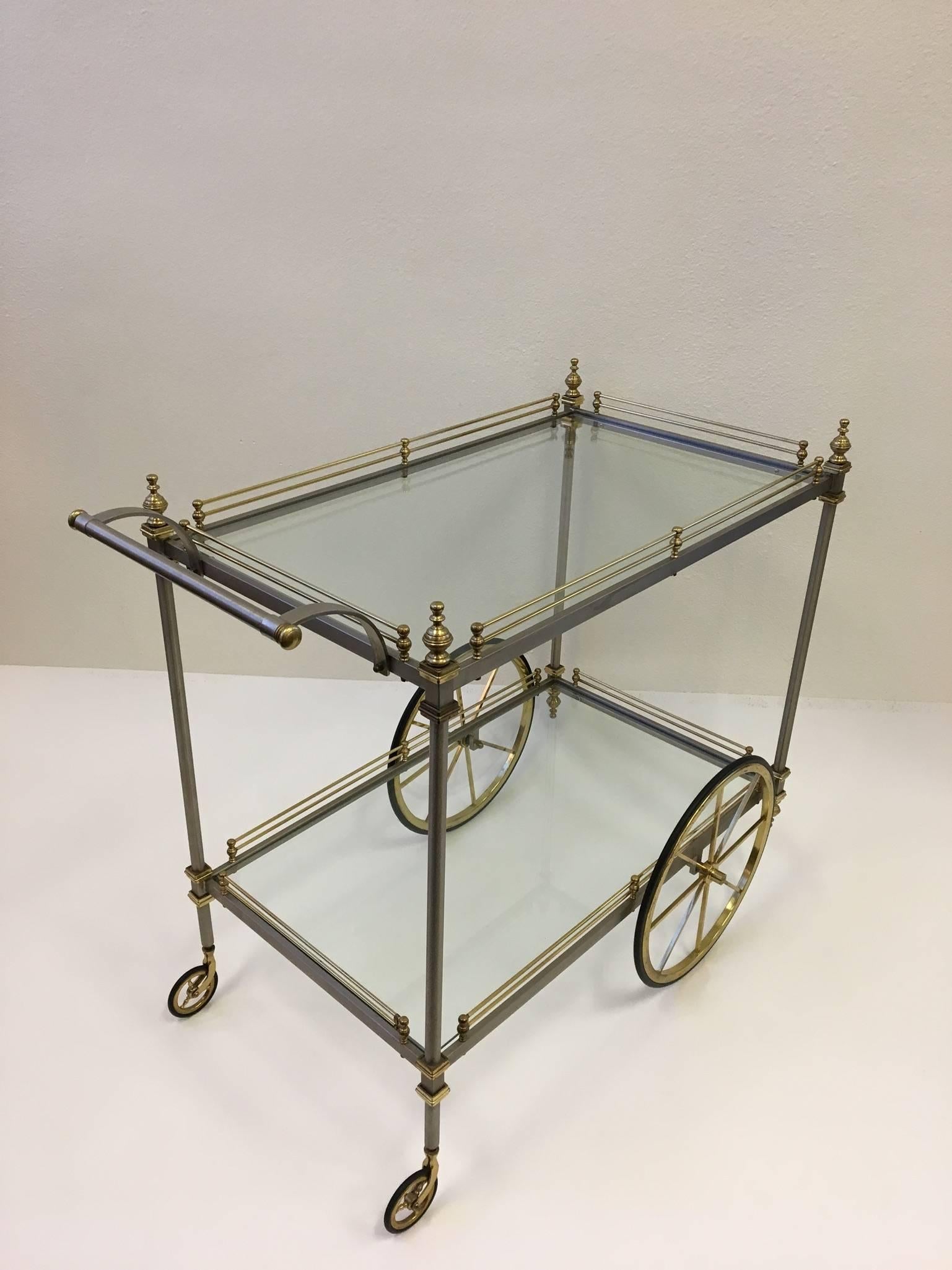 Italian Stainless Steel and Brass Bar Cart by Maison Jansen In Excellent Condition In Palm Springs, CA