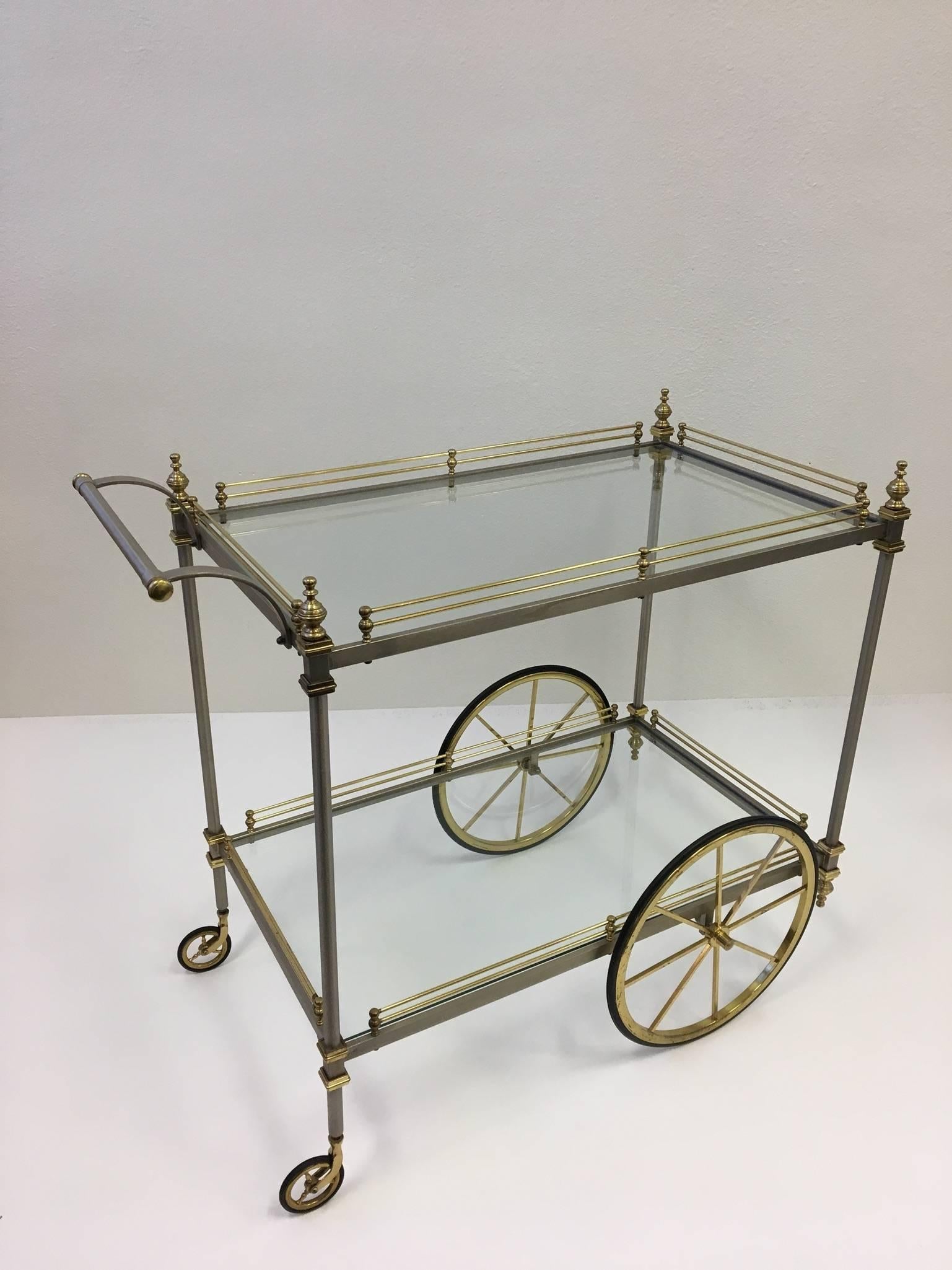 Mid-20th Century Italian Stainless Steel and Brass Bar Cart by Maison Jansen