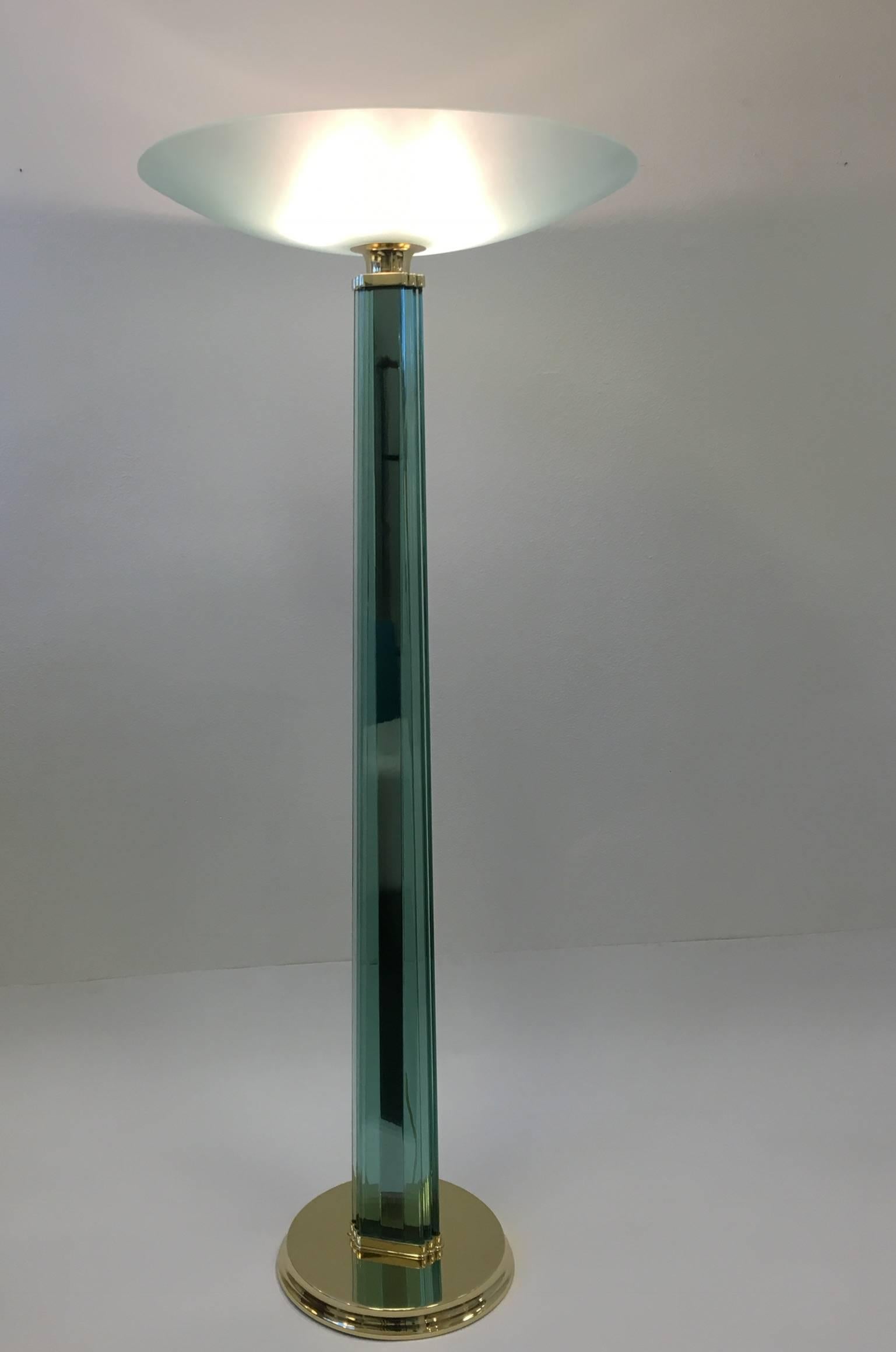Mid-Century Modern Italian Glass and Polished Brass Torchiere in the Style of Fontana Arte For Sale