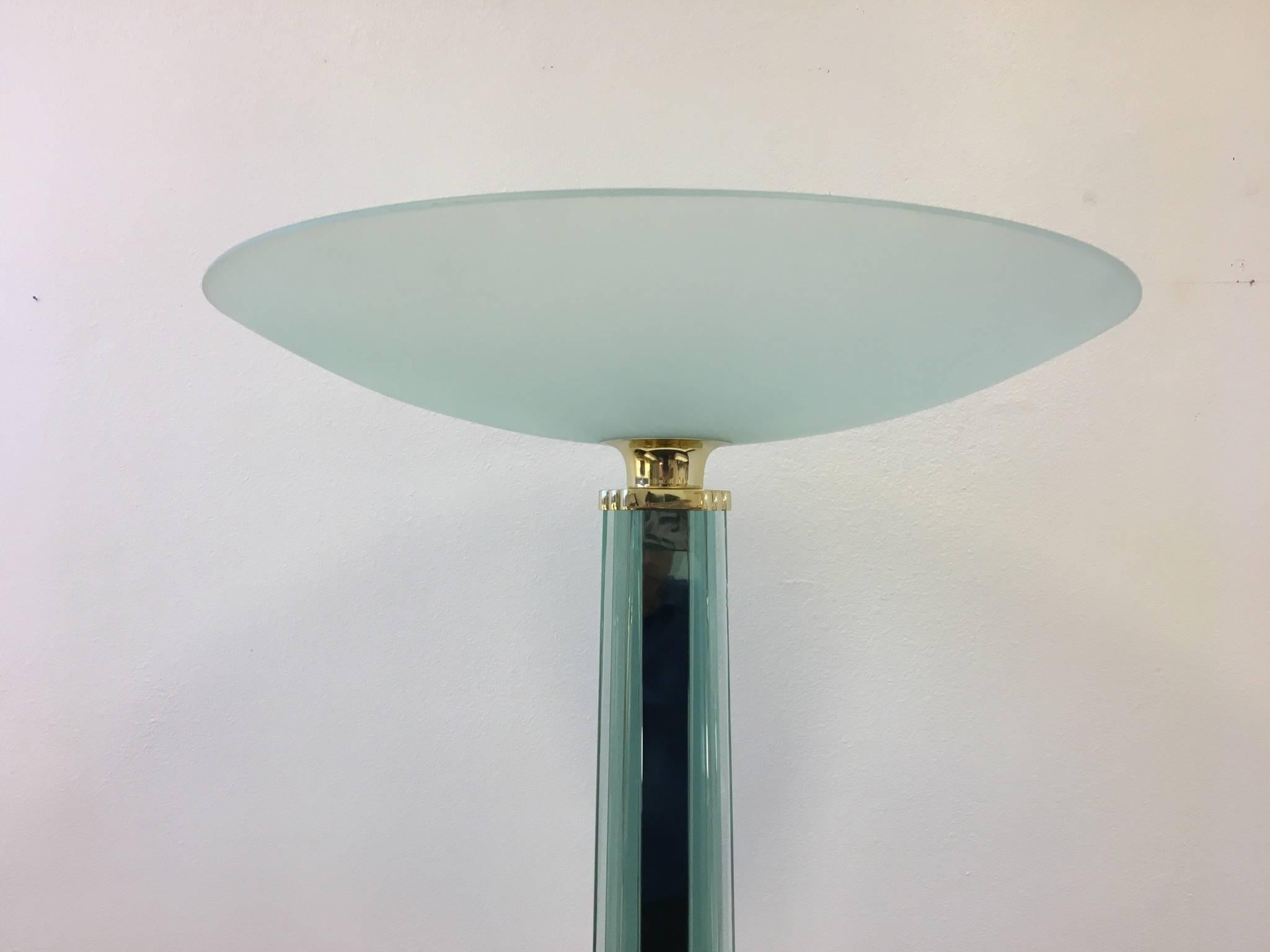 Italian Glass and Polished Brass Torchiere in the Style of Fontana Arte In Good Condition For Sale In Palm Springs, CA