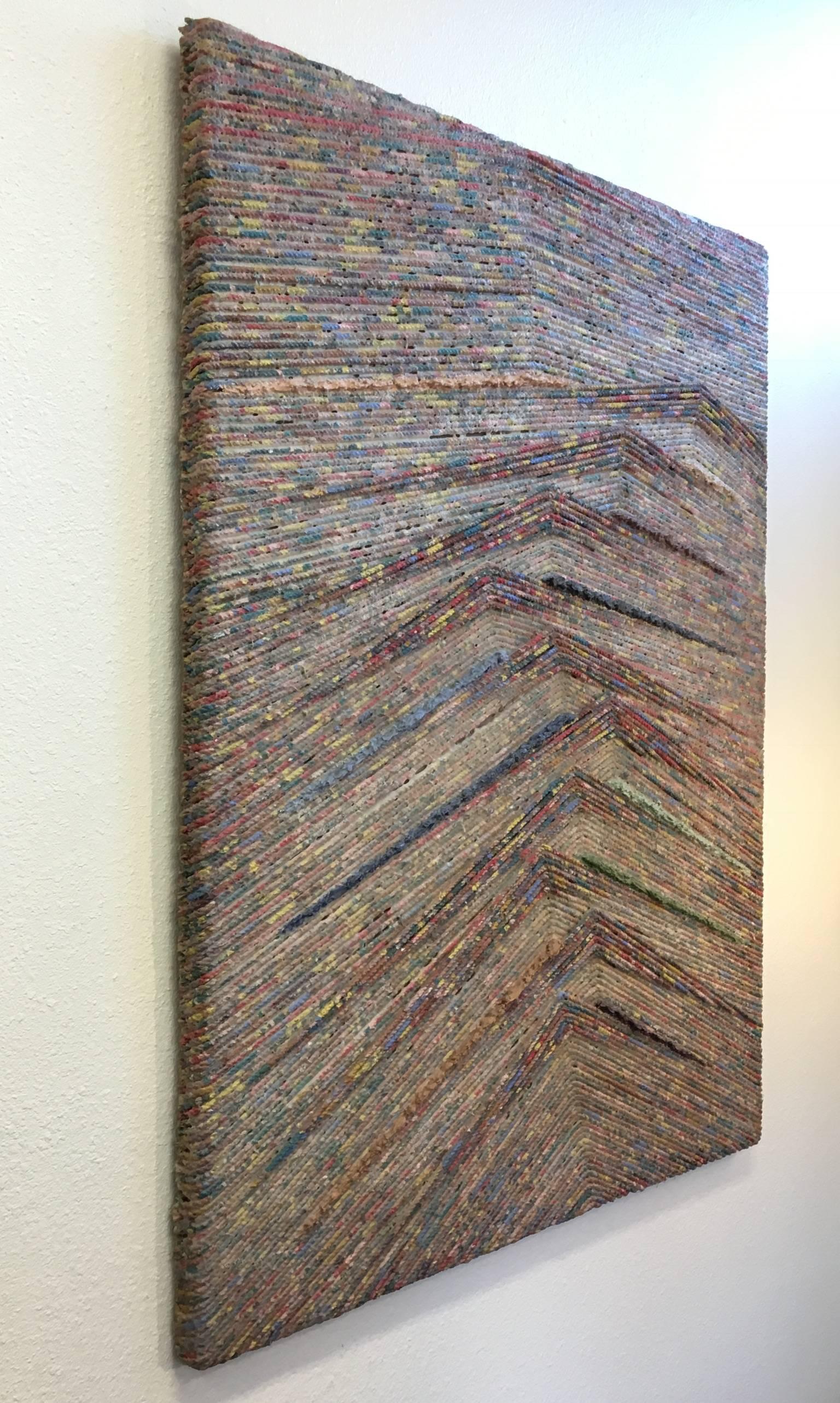A amazing rope and acrylic on wood abstract painting by American Listed artist Patrick Hogan ( 1947-1988). Hogan has several pieces in the permanent collection in Laguna Art Museum. The art is signed and dated 6-29-81. See last photo for bio. 
Dim: