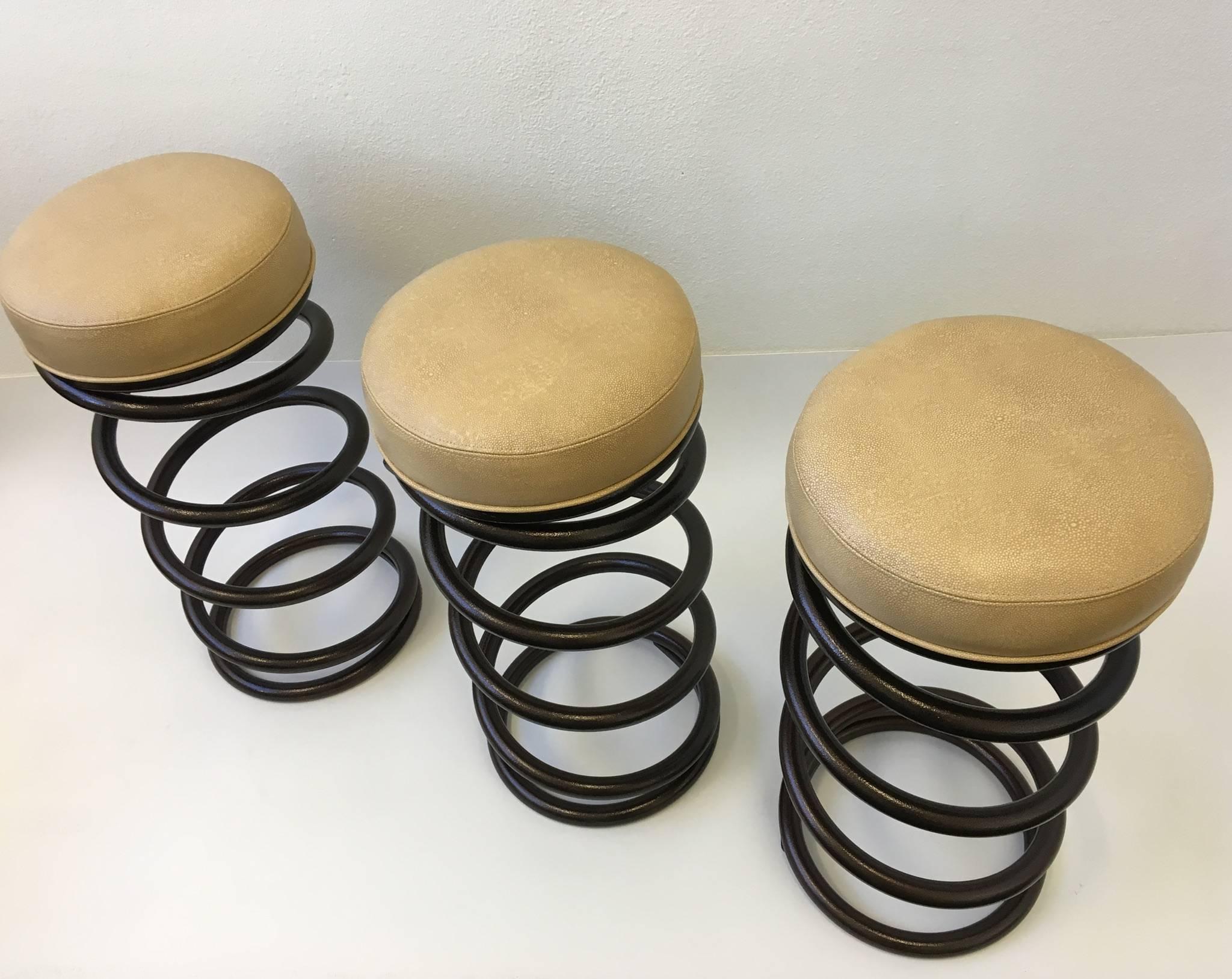 American Set of Three Steel and Faux Shagreen Bar Stools