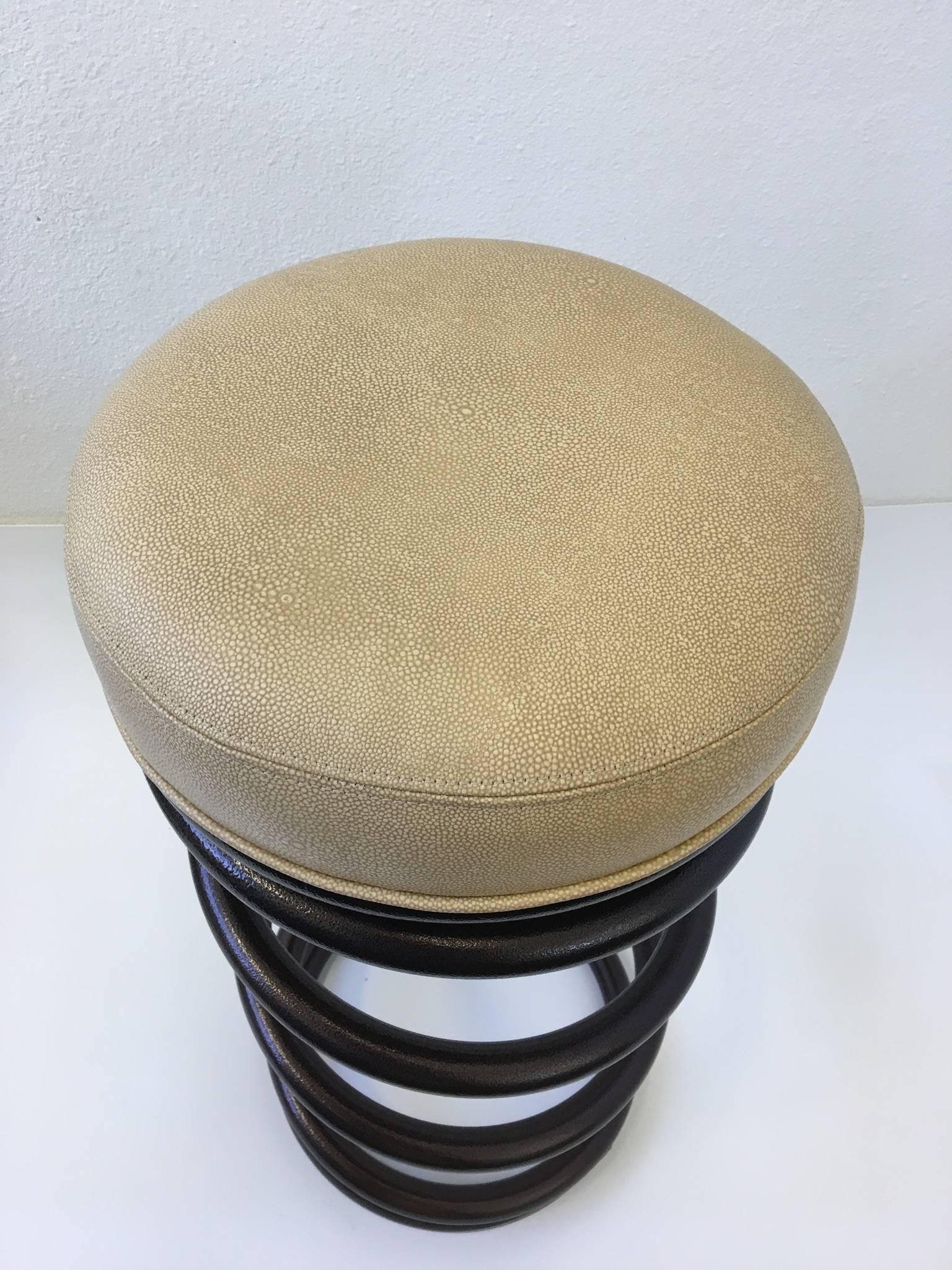 Late 20th Century Set of Three Steel and Faux Shagreen Bar Stools