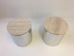 Pair of Italian Travertine and Polished Aluminum Drum Tables by Paul Mayen