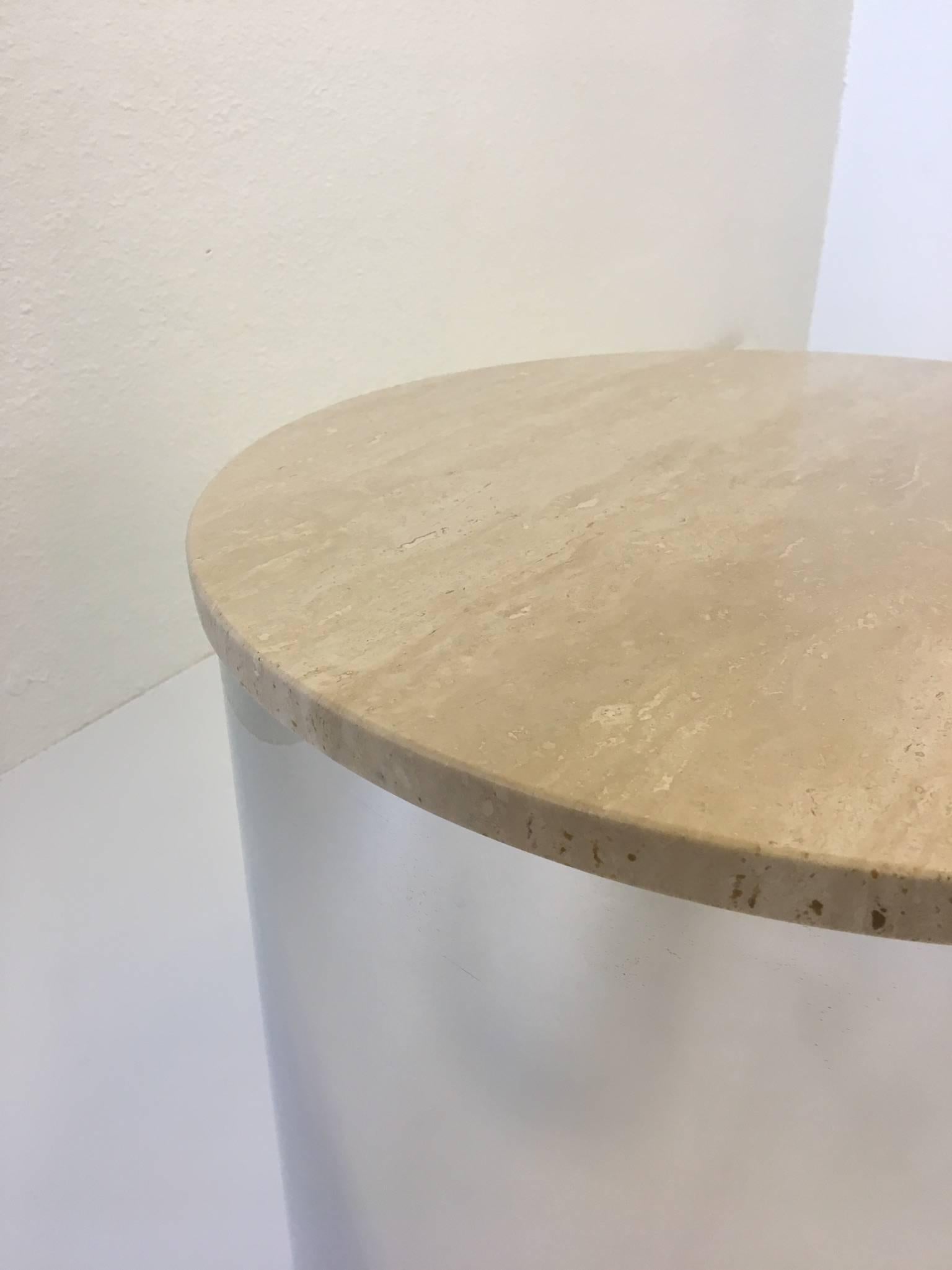 English Pair of Italian Travertine and Polished Aluminum Drum Tables by Paul Mayen