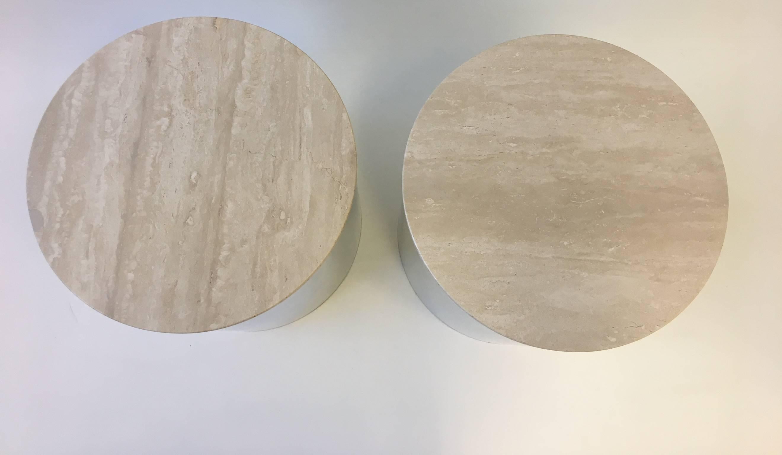 Modern Pair of Italian Travertine and Polished Aluminum Drum Tables by Paul Mayen