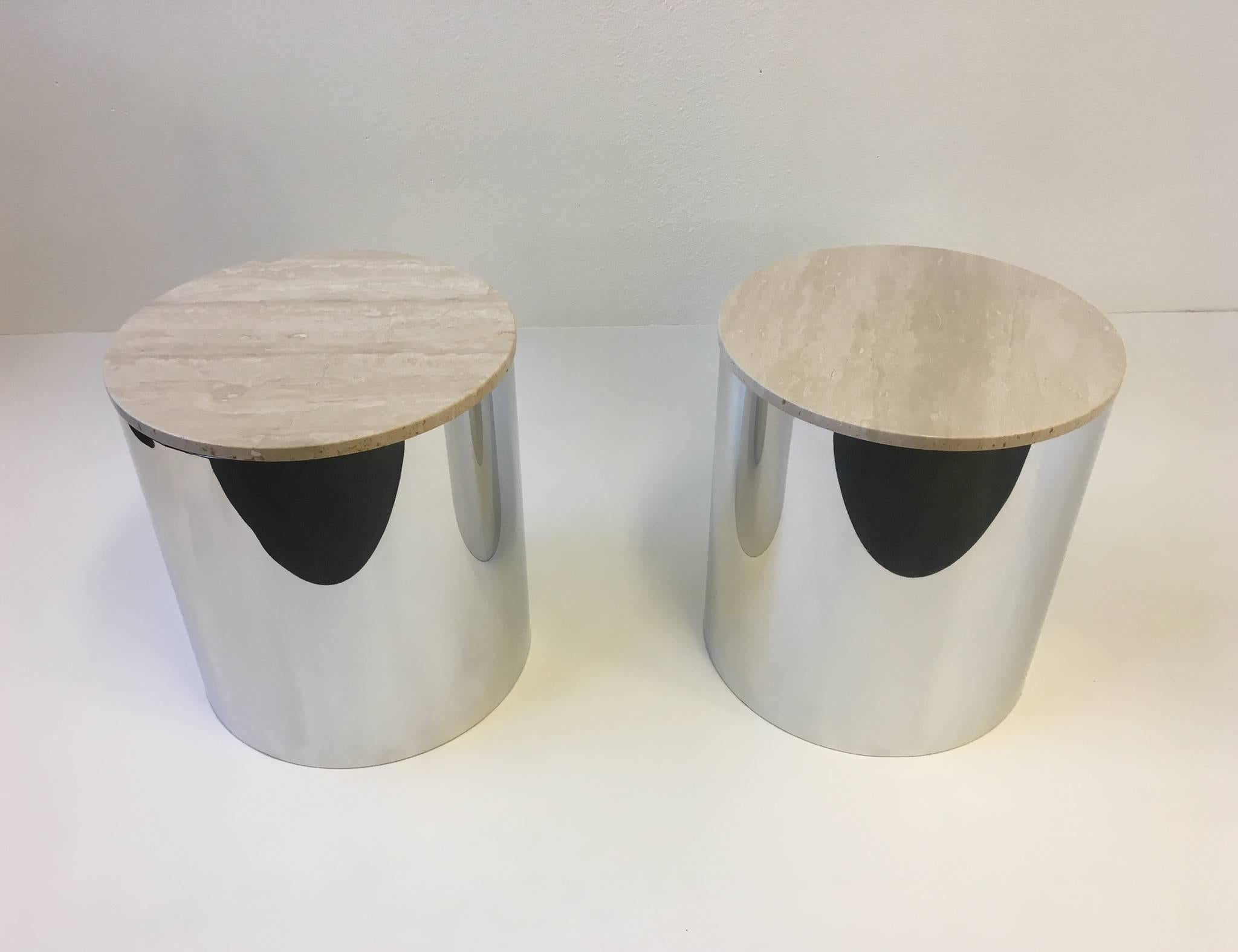 Pair of Italian Travertine and Polished Aluminum Drum Tables by Paul Mayen 1