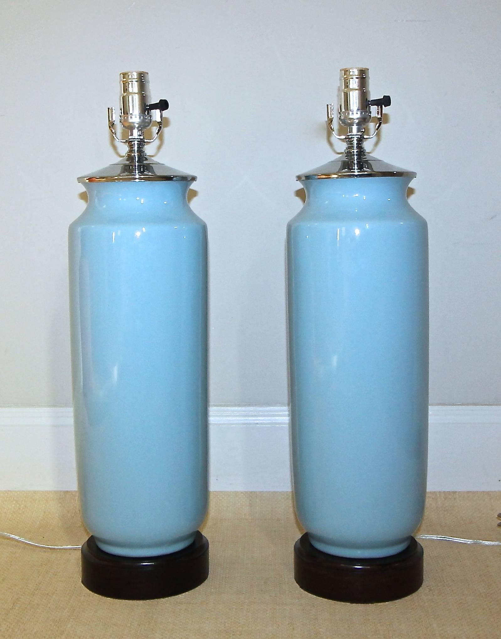 American Pair of Custom Pale Blue Ceramic Lamps 