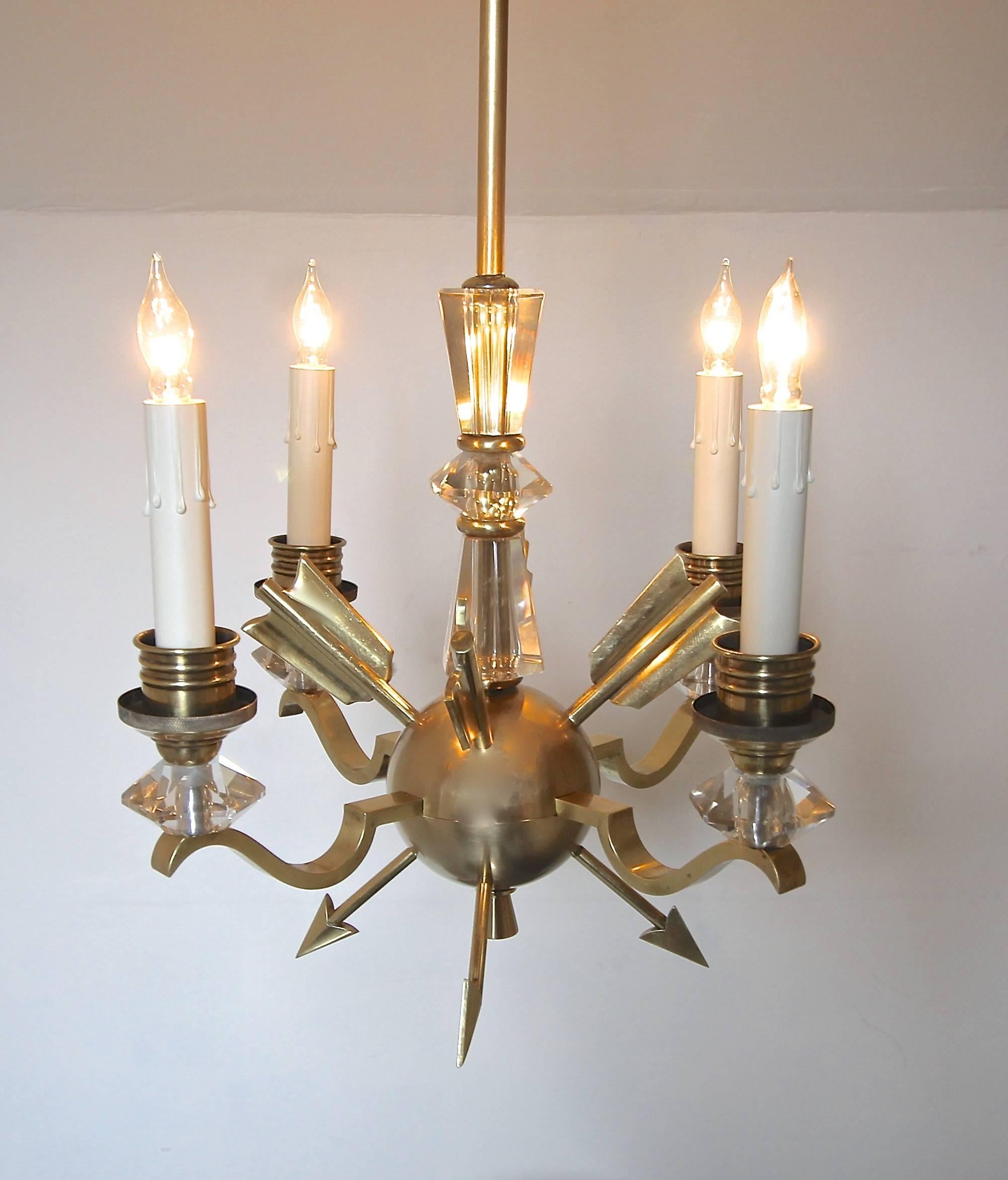 French Brass and Crystal Directoire Style Chandelier with Arrows In Good Condition In Dallas, TX