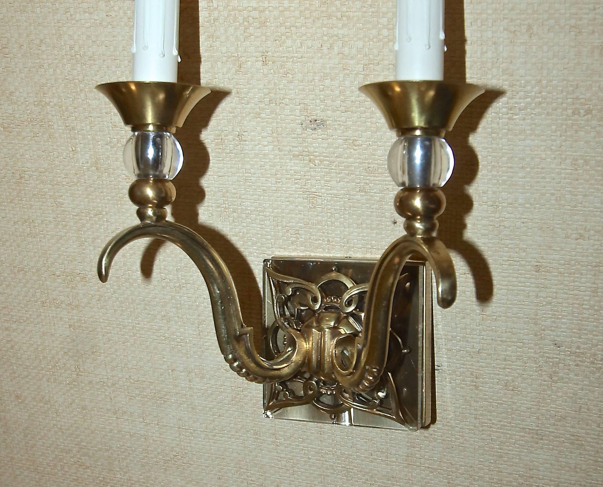 Pair of French Bronze and Crystal Jules Leleu Sconces 2