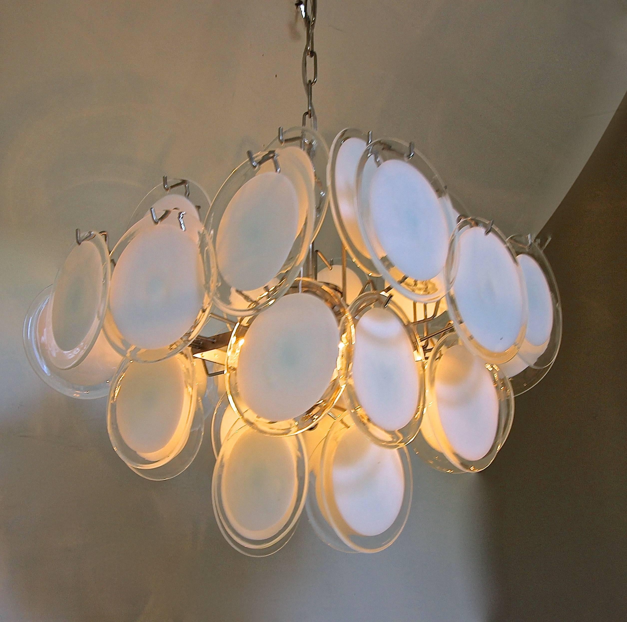 Vistosi Murano Clear and White Disc Chandelier In Good Condition In Palm Springs, CA