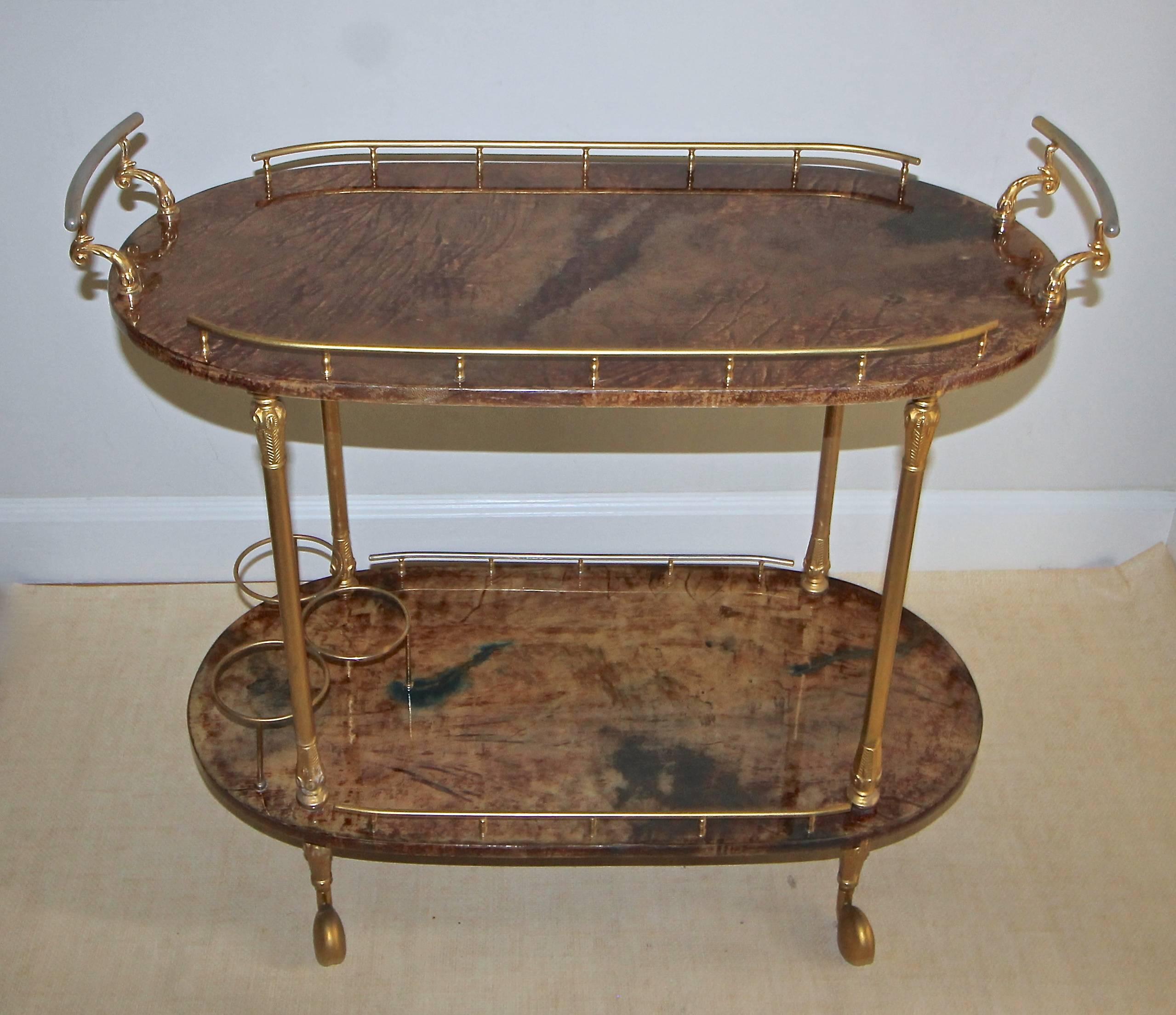 Brown stained and lacquered goatskin bar cart with gold-plated hardware by Aldo Tura.