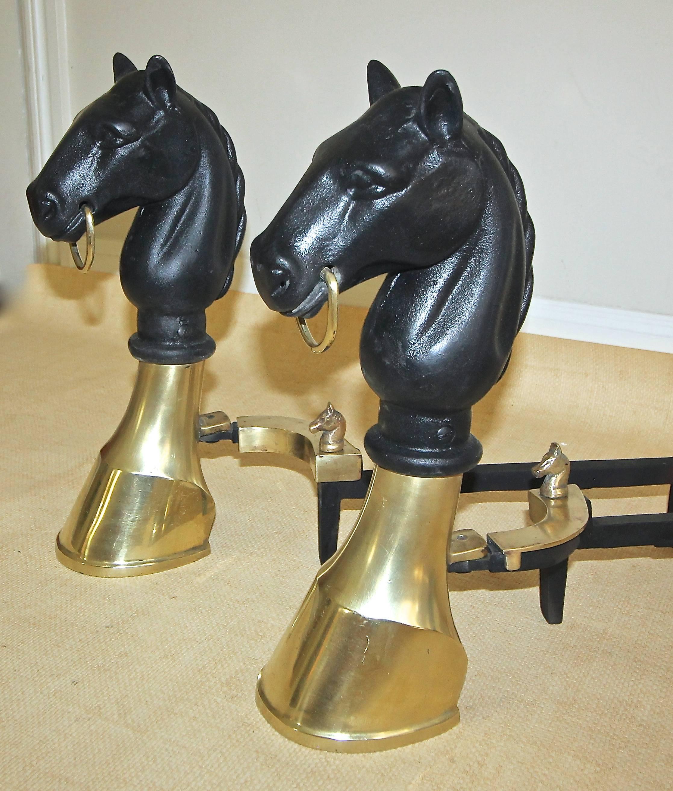 American Pair of Heavy Bronze and Cast Iron Horse Equestrian Andirons For Sale