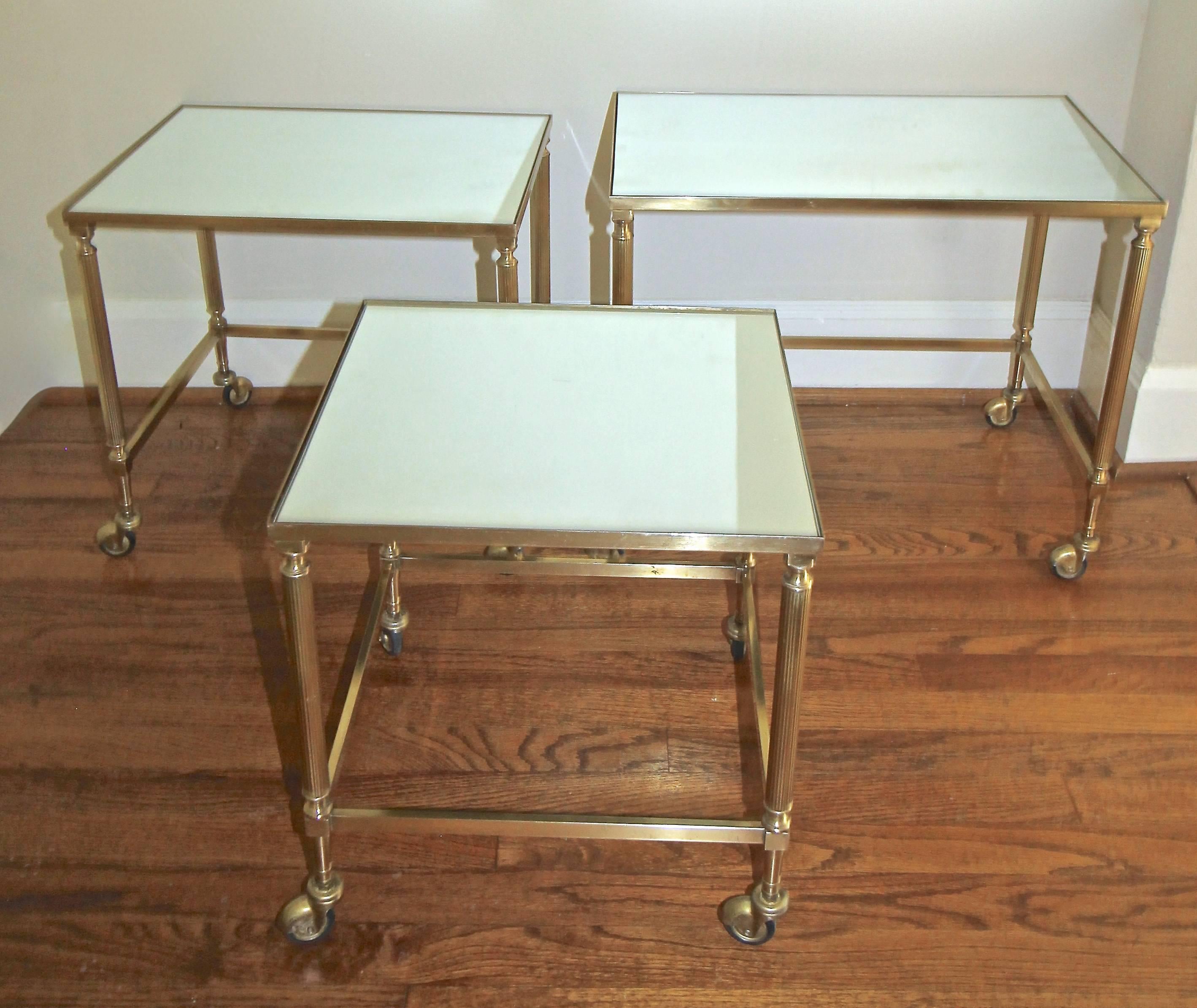 Trio of French Brass Mirrored Top Nesting Tables For Sale 1