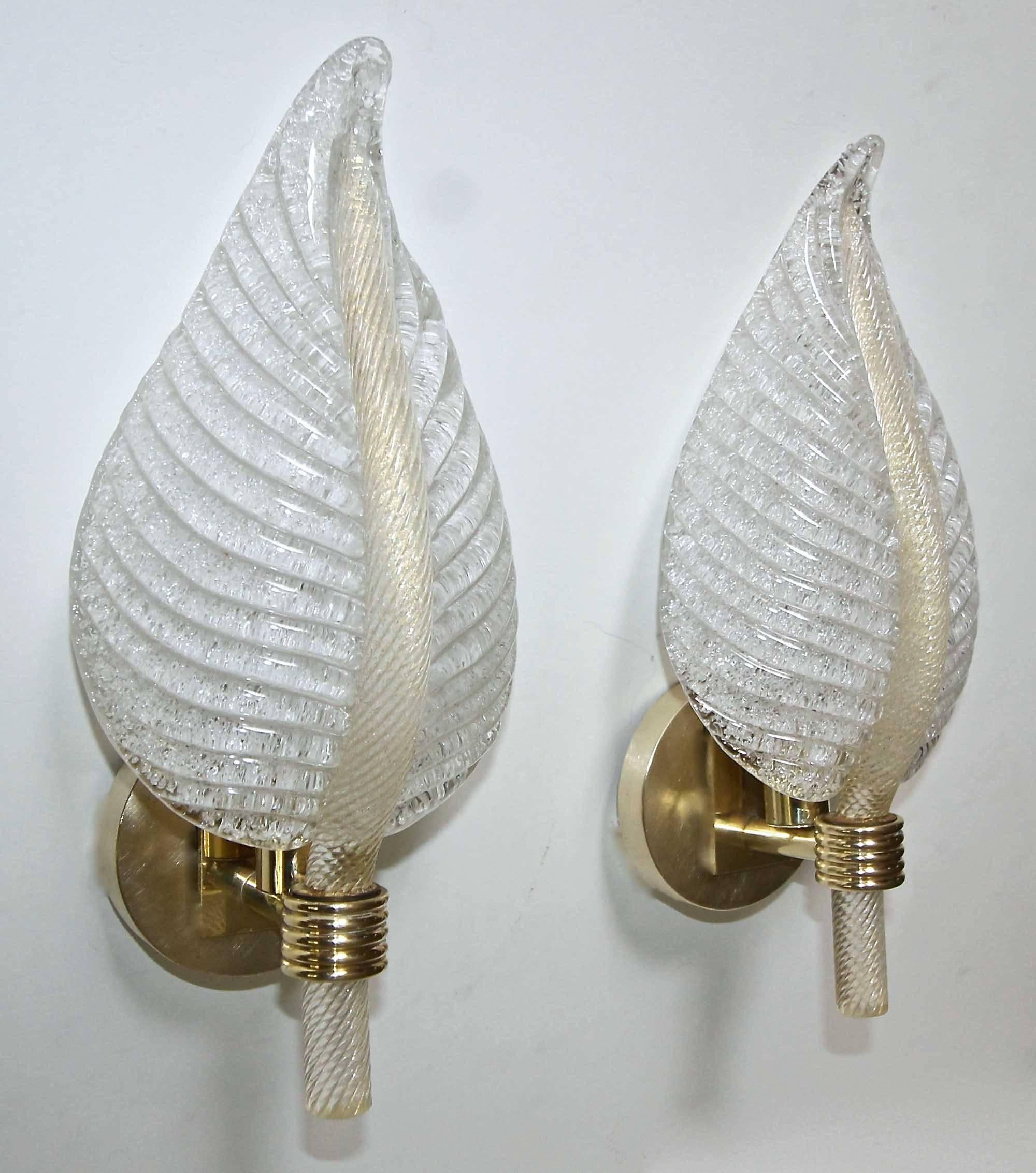 Italian Pair of Barovier Murano Rugiadoso Leaf Wall Sconces For Sale