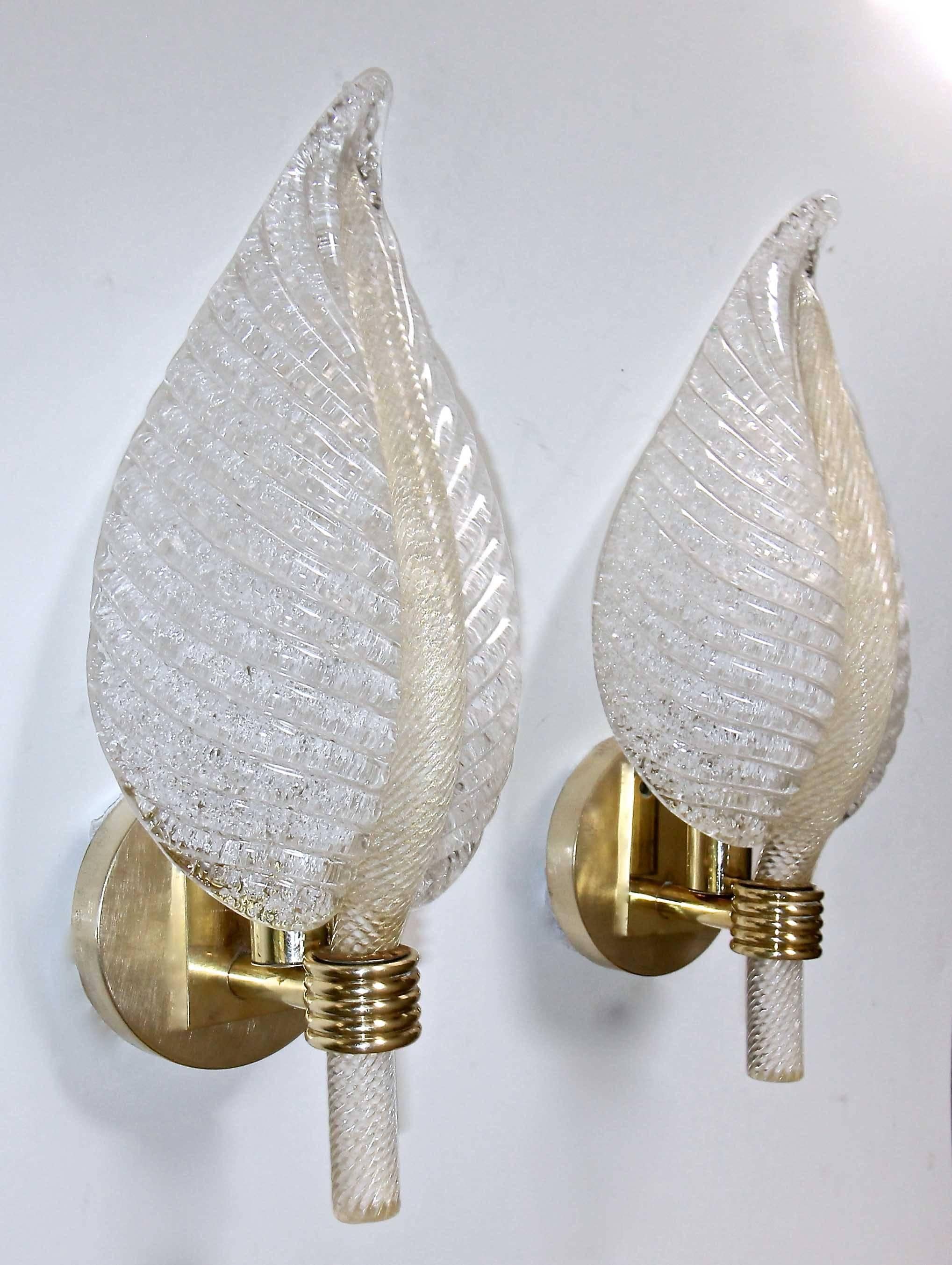 Brass Pair of Barovier Murano Rugiadoso Leaf Wall Sconces For Sale