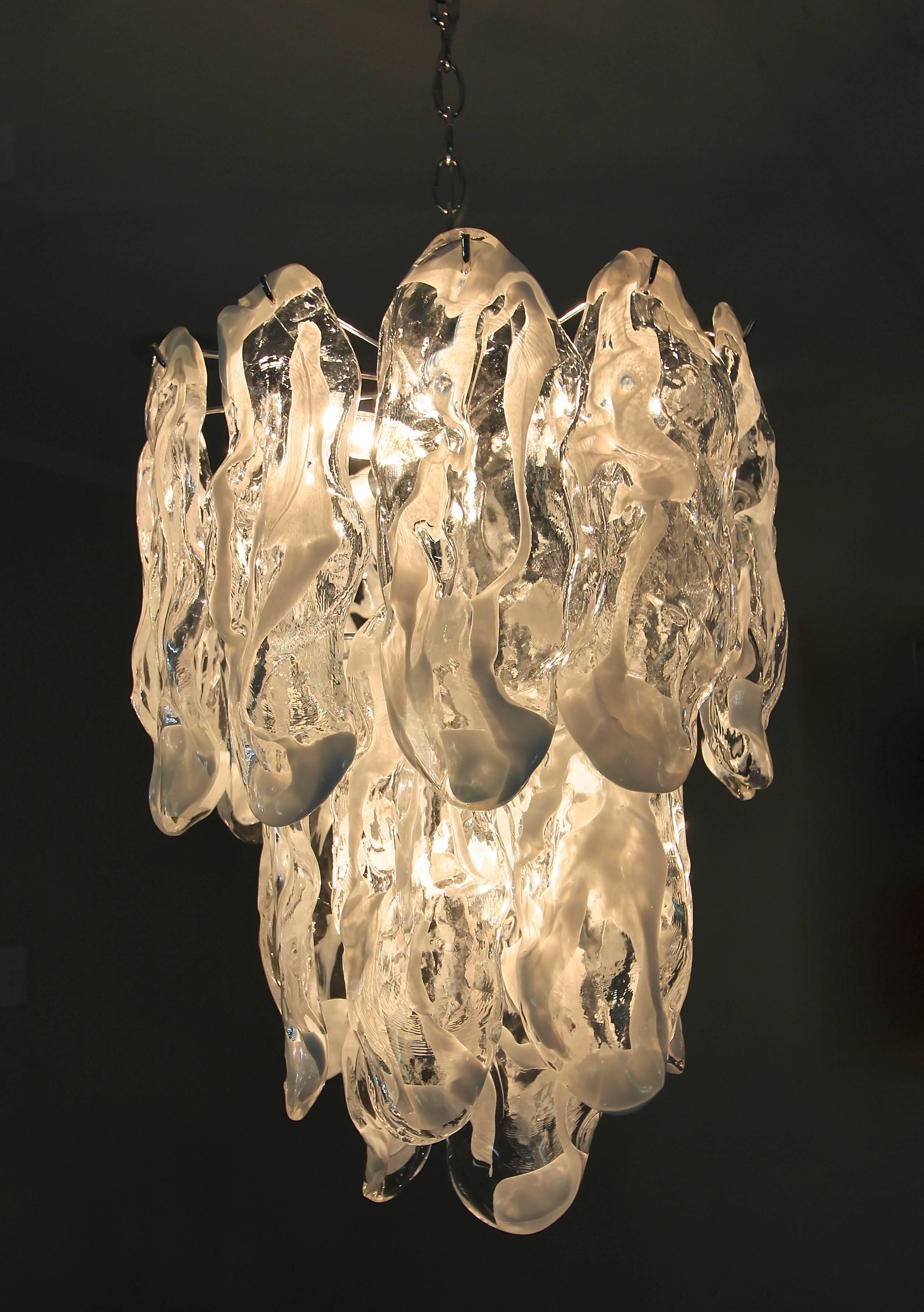 Plated Murano Textured White Clear Glass Chandelier by Mazzega