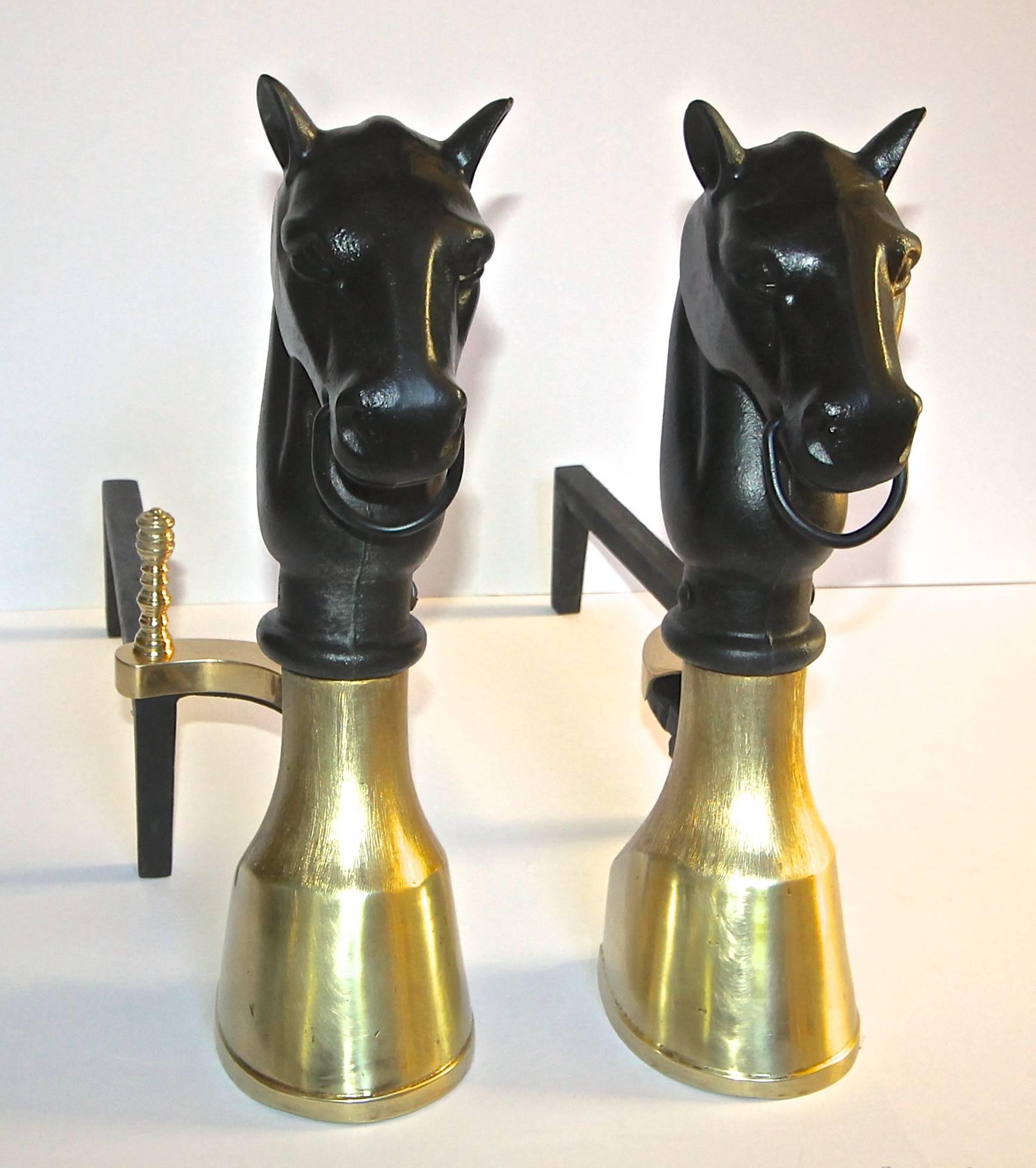 Mid-20th Century Pair of Brass and Cast Iron Horse Equestrian Andirons