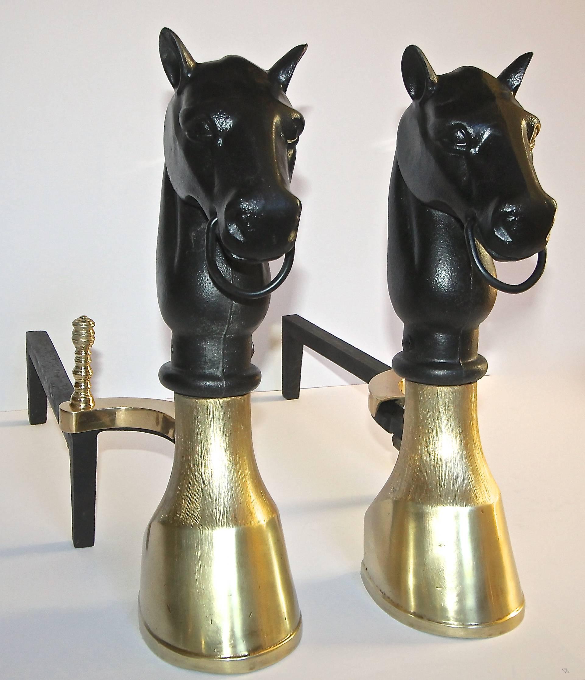 American Pair of Brass and Cast Iron Horse Equestrian Andirons