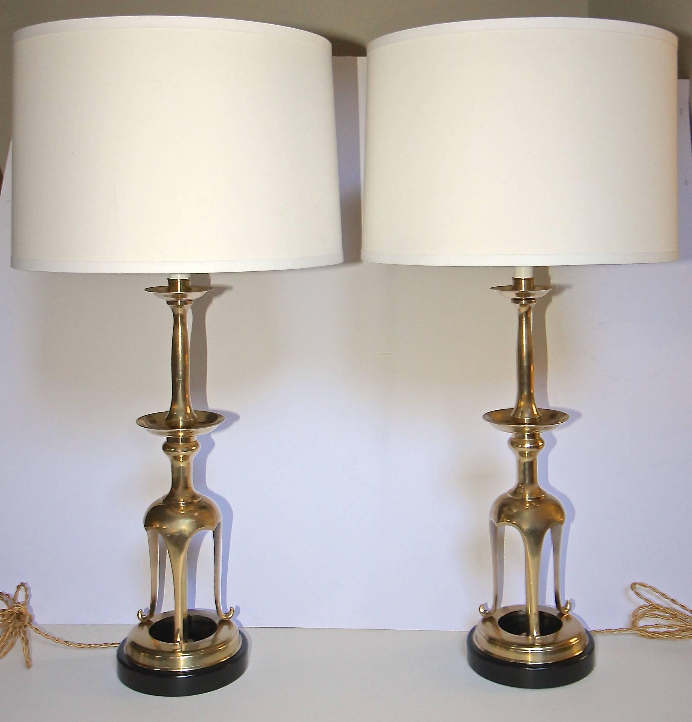 Painted Pair of Tall Brass Japanese Asian Candlestick Table Lamps