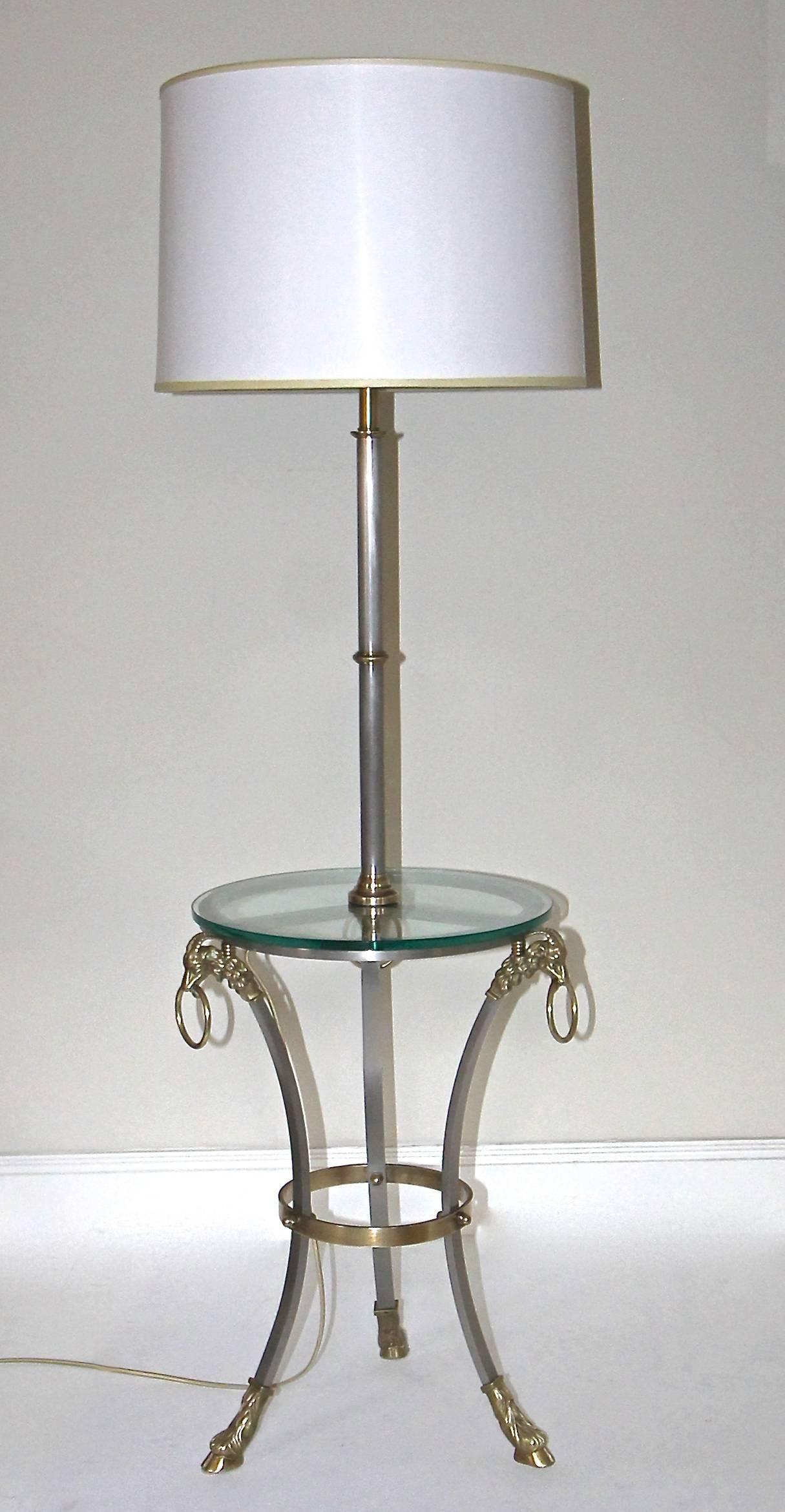French Masion Jansen Style Brushed Steel and Brass Lamp Side Table For Sale 6