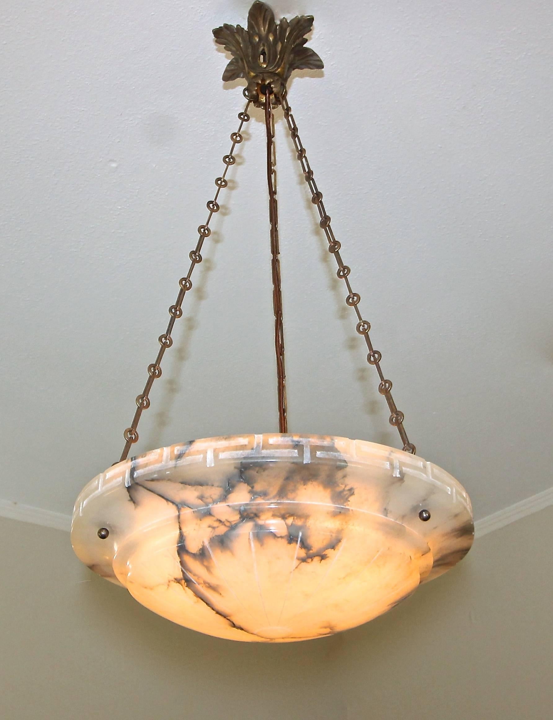 Early 20th Century French Alabaster Bronze Greek Key Pendant Light or Chandelier