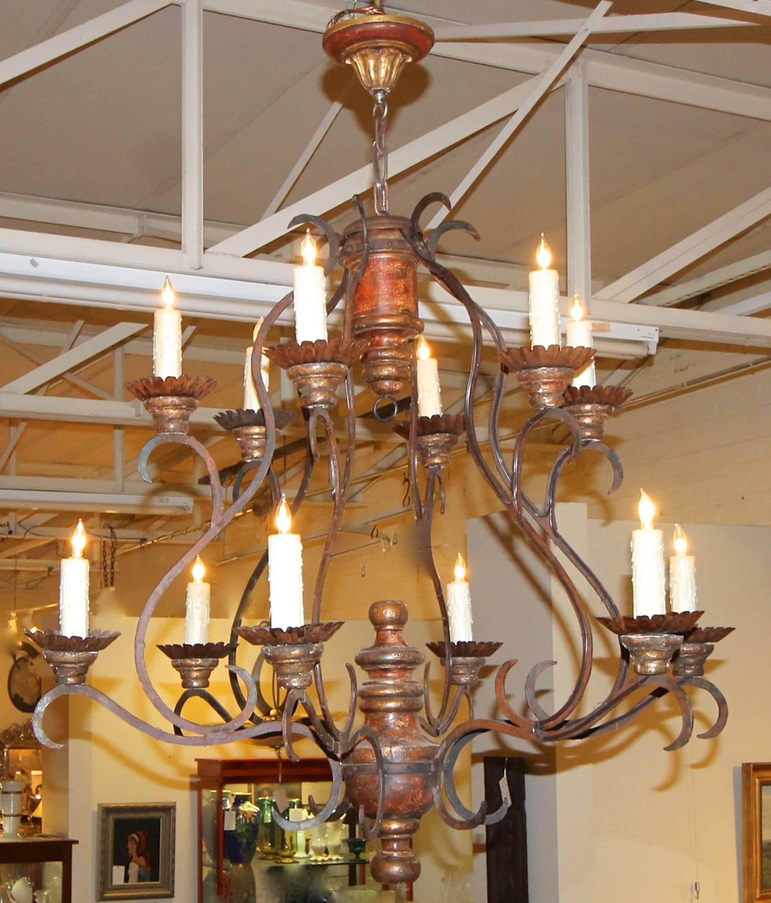 Large Italian Cage Form Giltwood and Iron Painted Chandelier In Good Condition In Palm Springs, CA