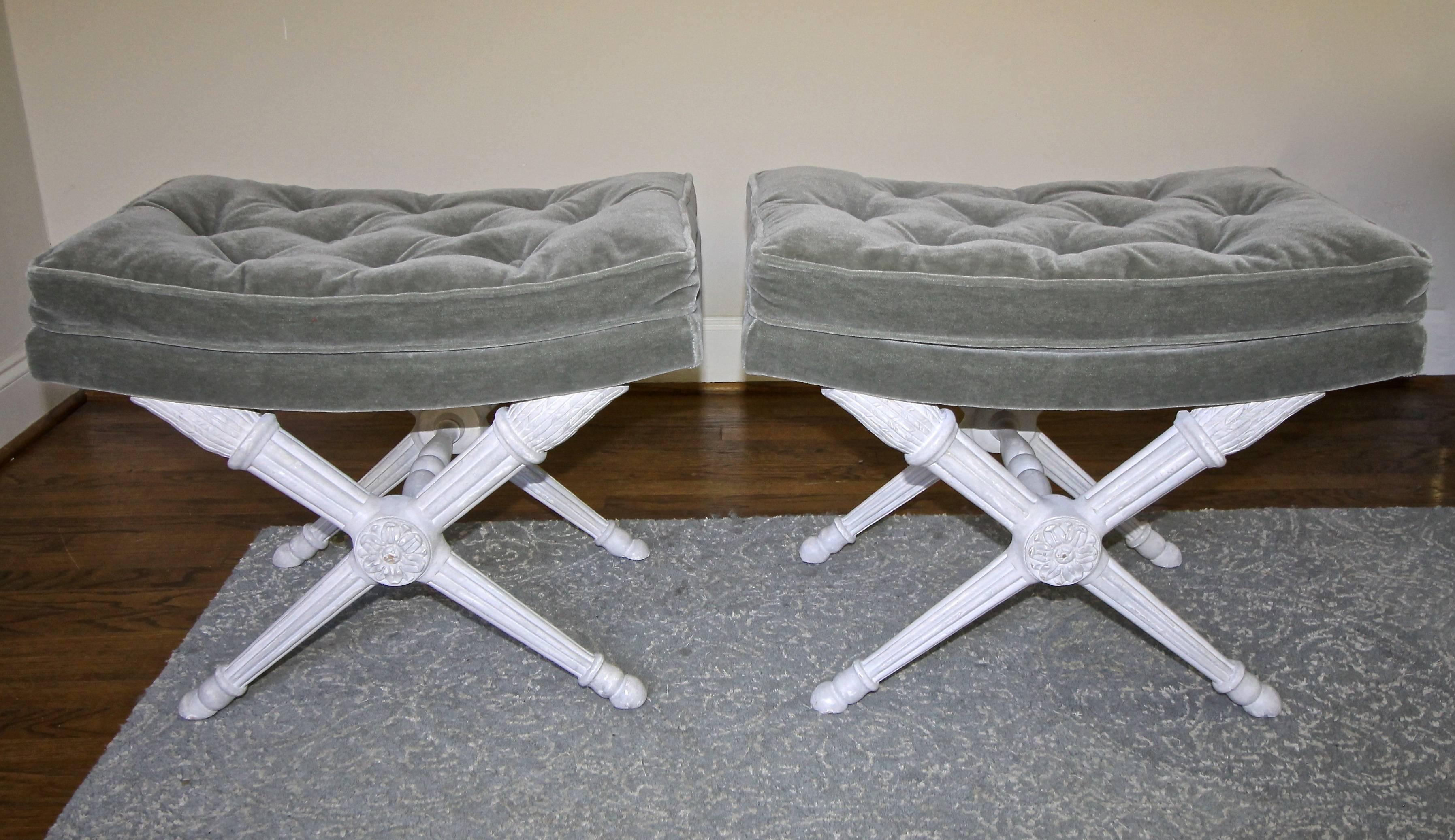 Mid-20th Century Pair of French Directoire Style Carved Wood X-Stretcher Upholster Benches