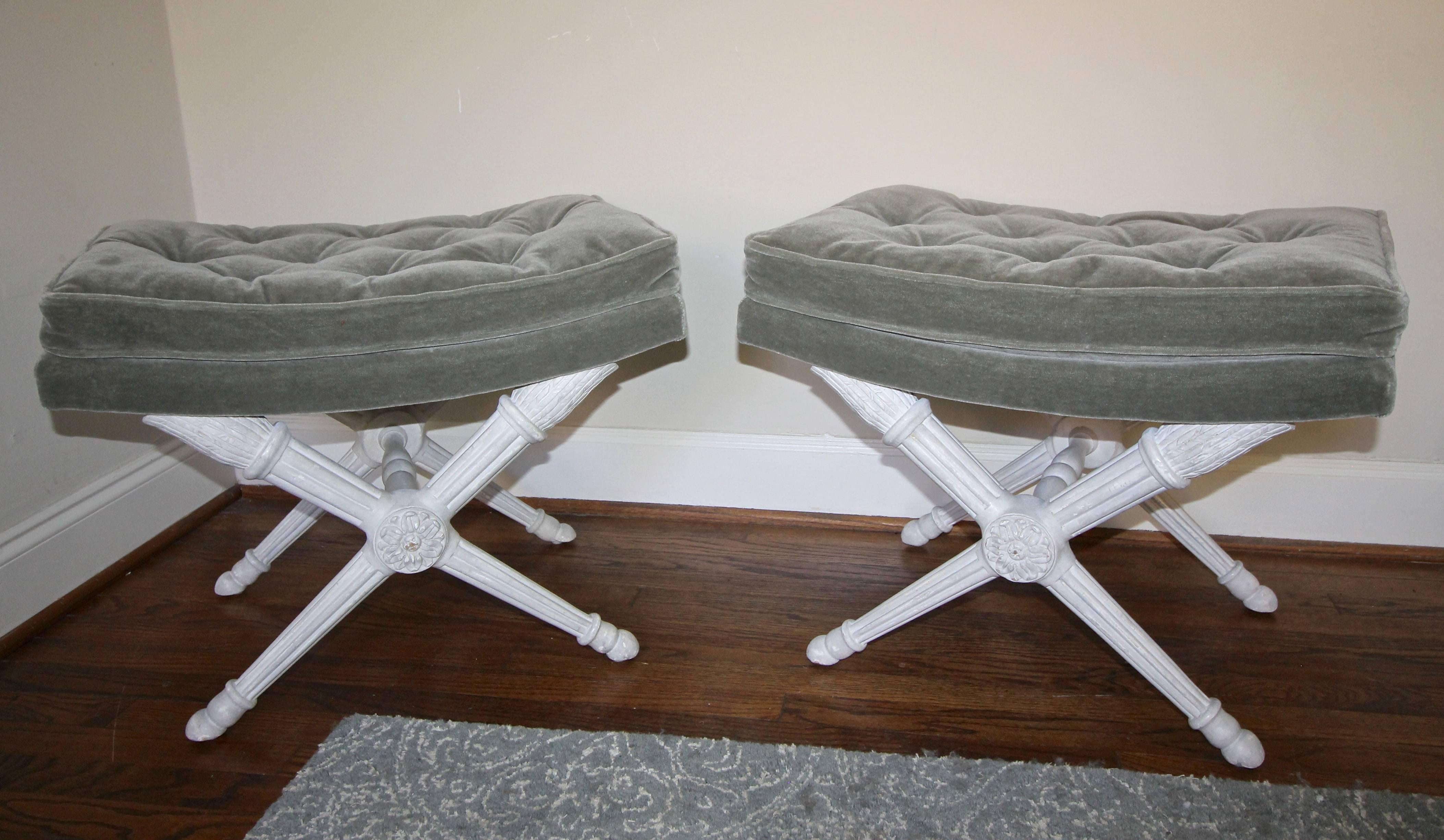 Upholstery Pair of French Directoire Style Carved Wood X-Stretcher Upholster Benches