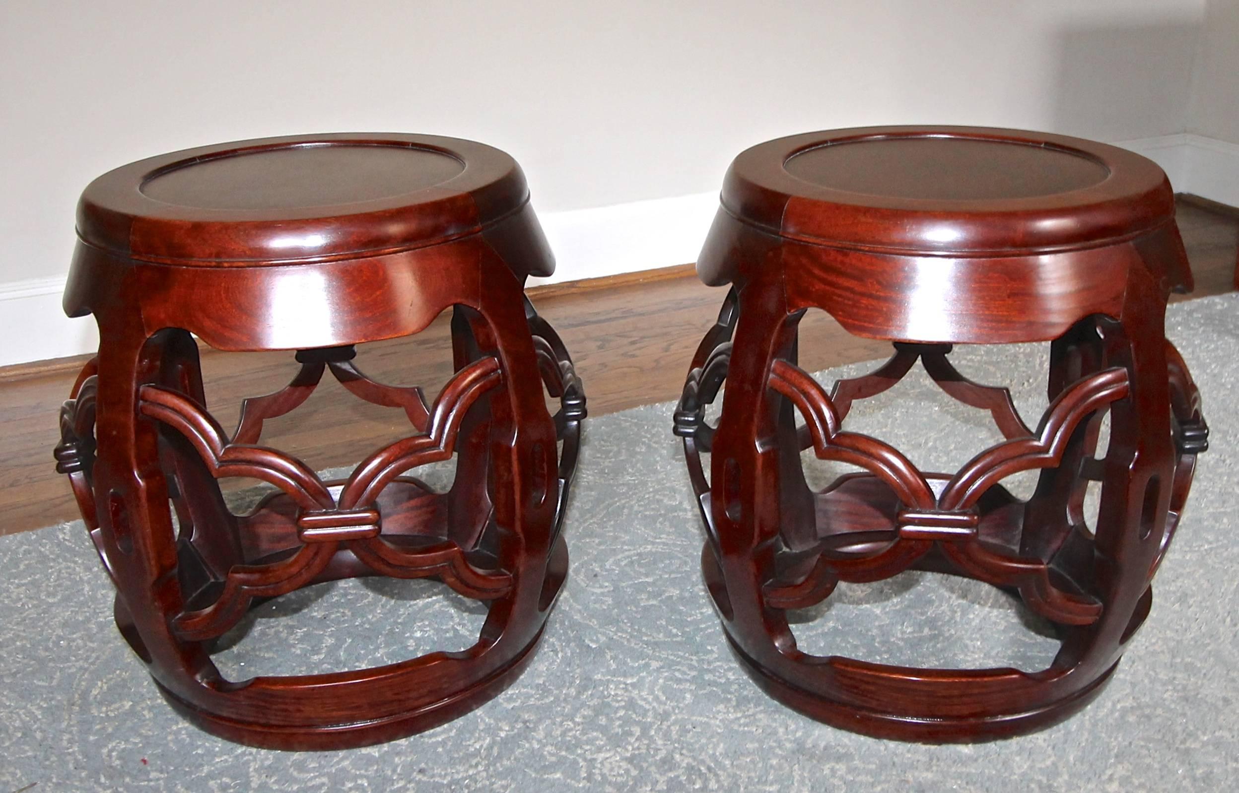 Mid-20th Century Pair of Vintage Chinese Asian Hardwood Garden Seat Stools For Sale