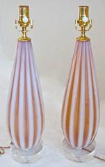 Pair Murano Italian Opalescent Ribbed Glass Table Lamps by Toso