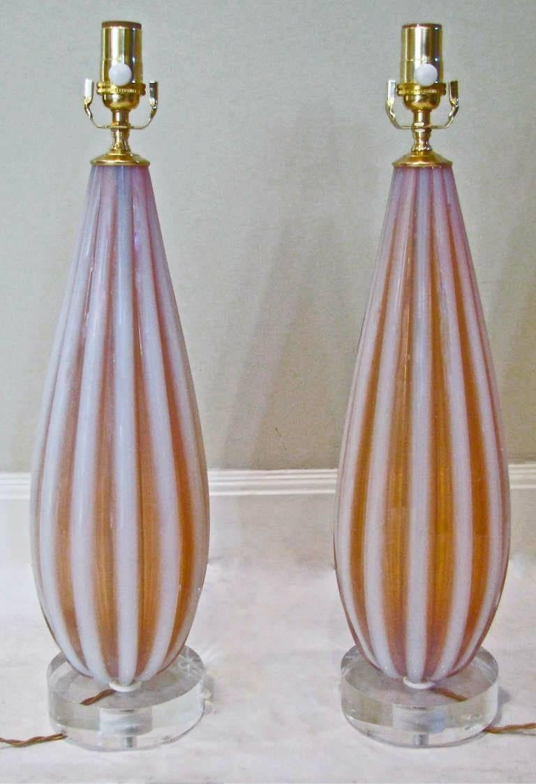 Pair Murano Italian Opalescent Ribbed Glass Table Lamps by Toso 2