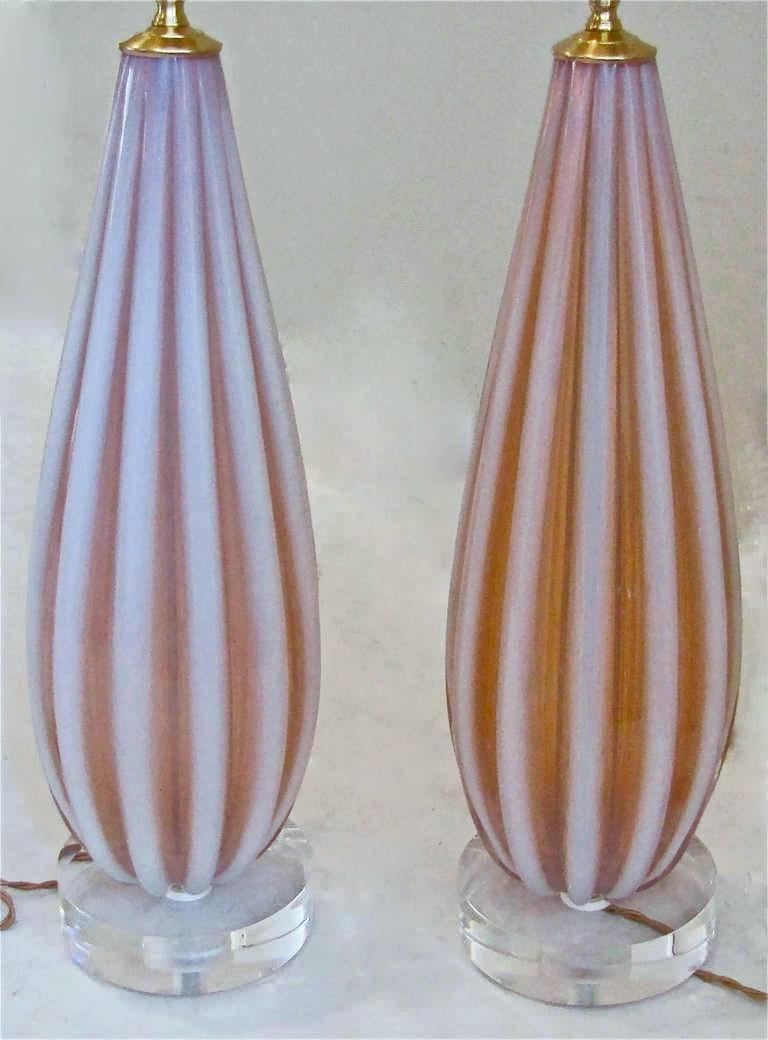 Mid-20th Century Pair Murano Italian Opalescent Ribbed Glass Table Lamps by Toso